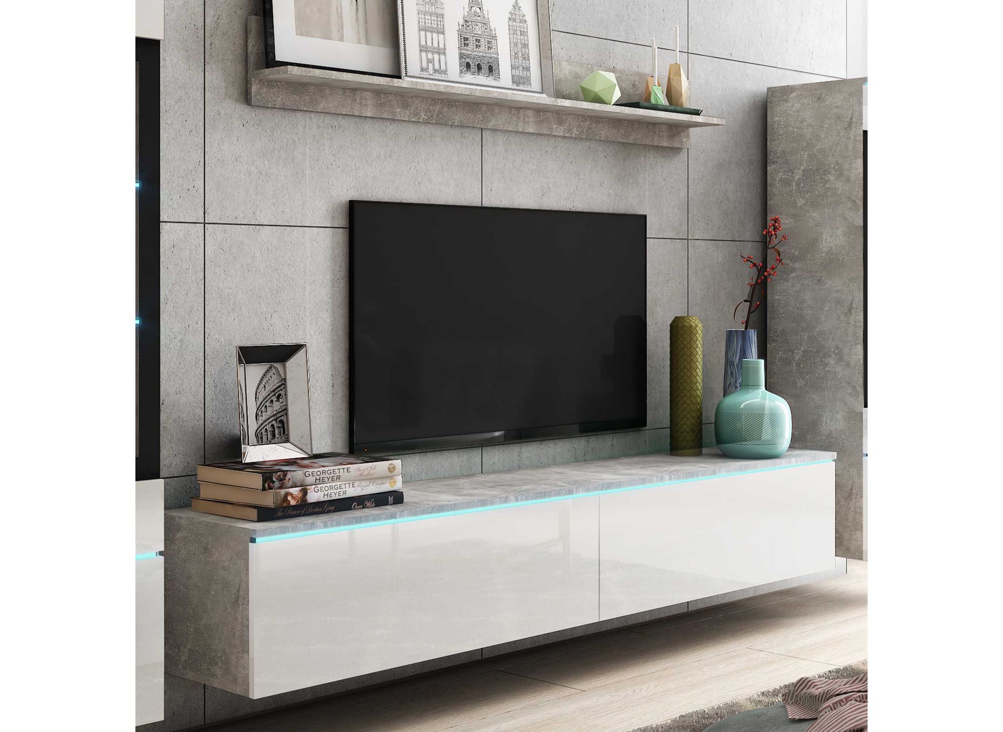 Meuble TV contemporain gris béton et blanc laqué avec LED - VERONICA XL