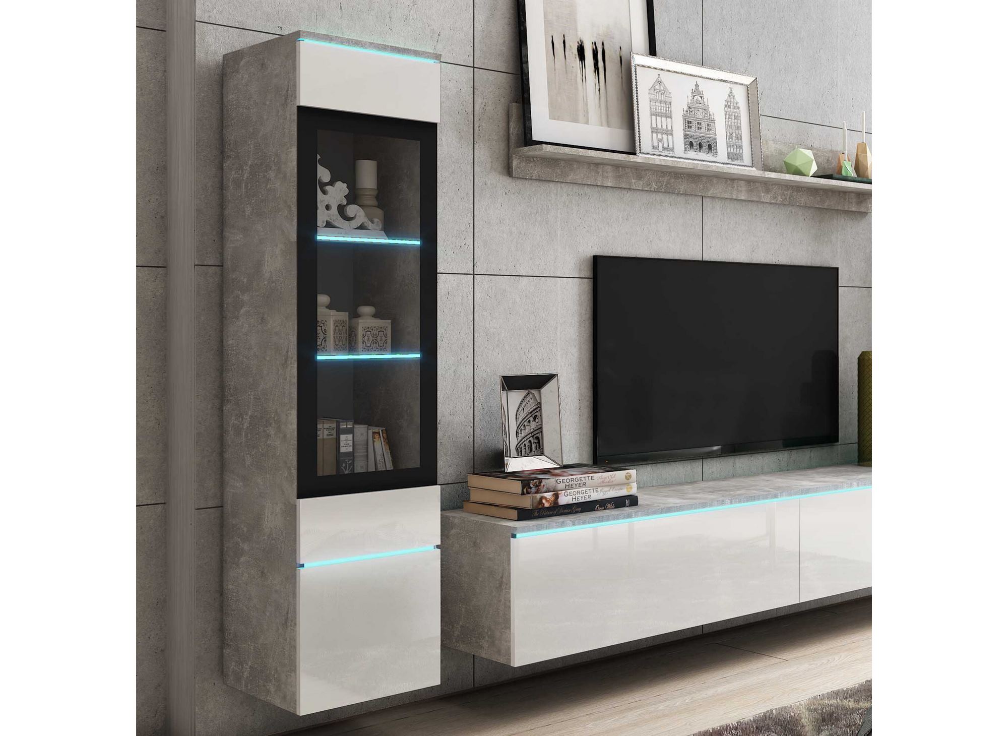 Meuble TV contemporain gris béton et blanc laqué avec LED - VERONICA XL