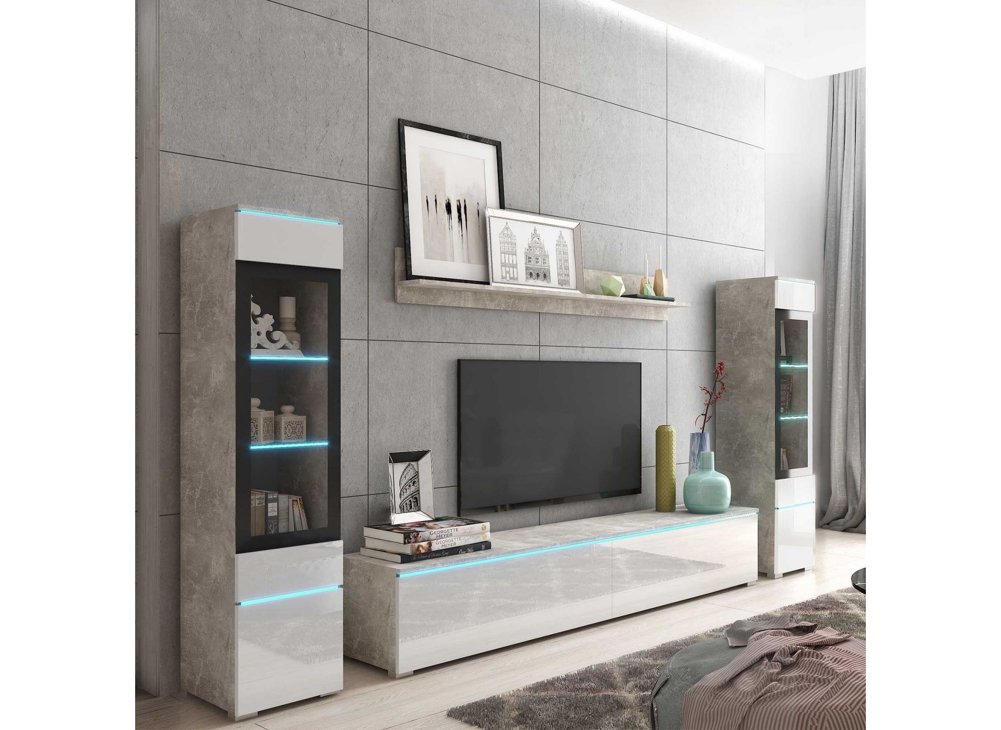 Meuble TV contemporain gris béton et blanc laqué avec LED - VERONICA XL