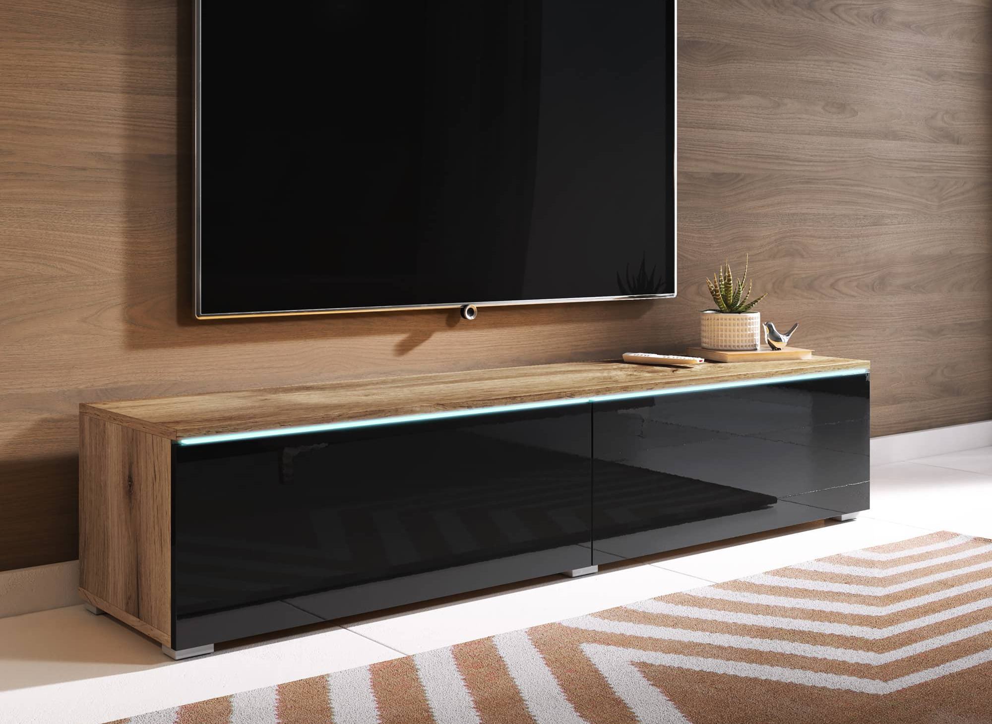 Meuble TV chêne vieilli et noir laqué avec LED 2 portes MALORIE- 180 cm
