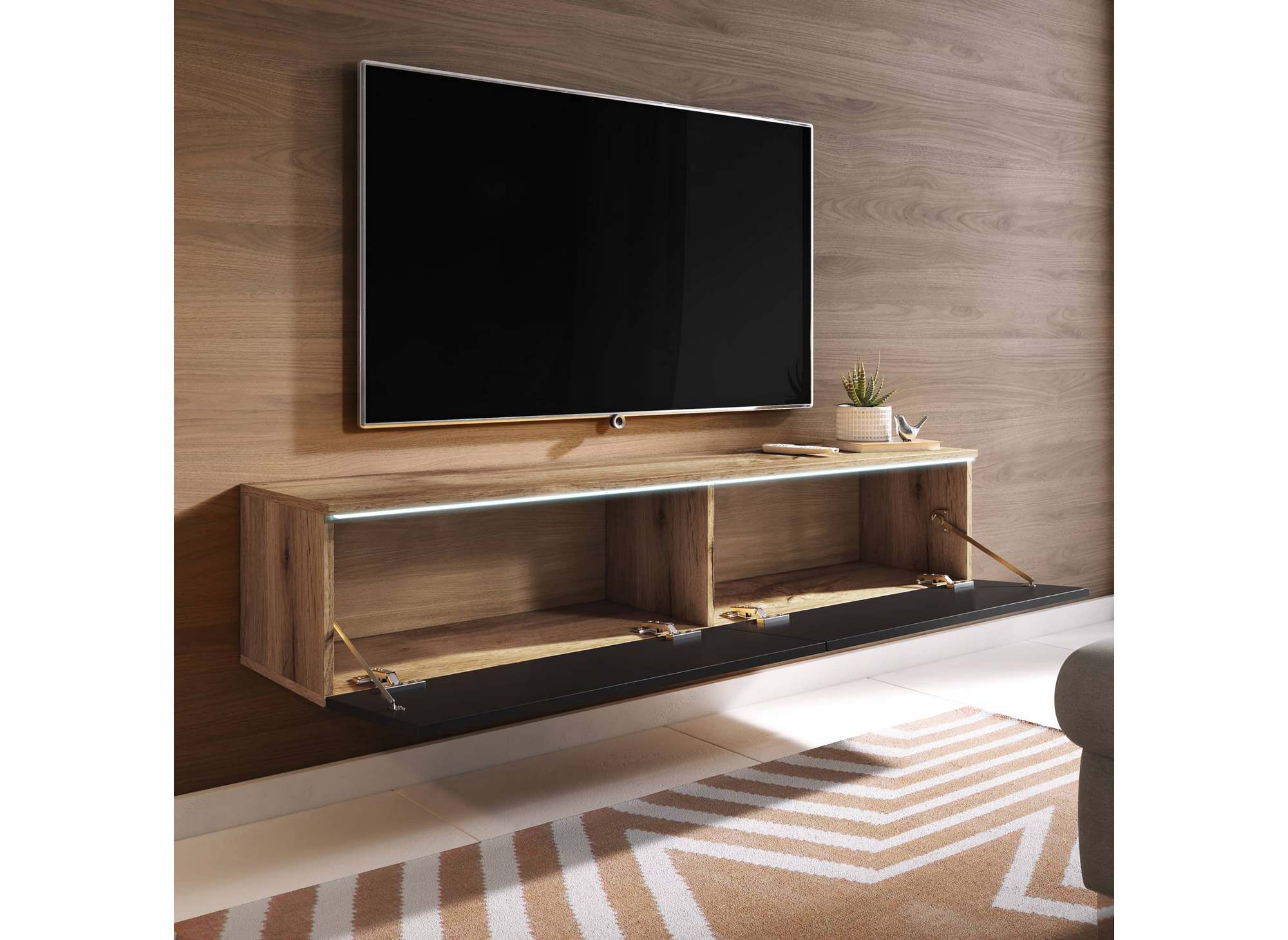 Meuble TV chêne vieilli et noir laqué avec LED 2 portes MALORIE- 180 cm
