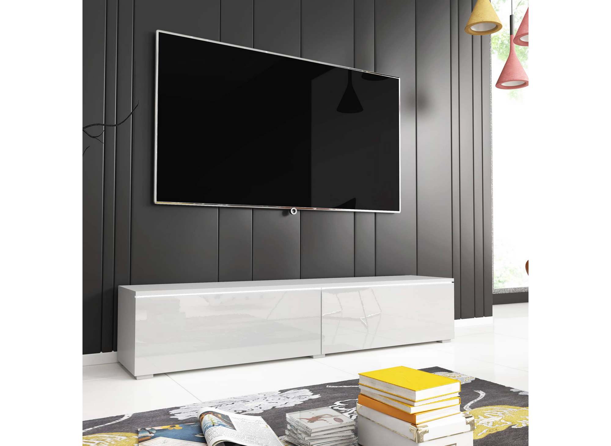 Meuble TV contemporain laqué blanc avec LED 2 portes MALORIE - 180 cm