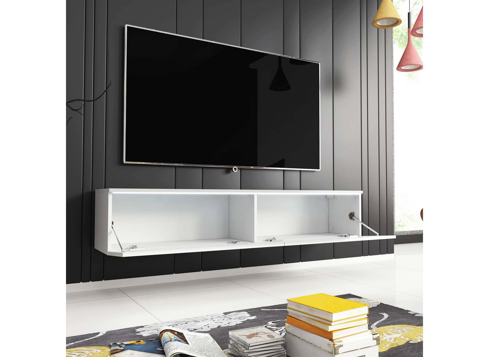 Meuble TV contemporain laqué blanc avec LED 2 portes MALORIE - 180 cm