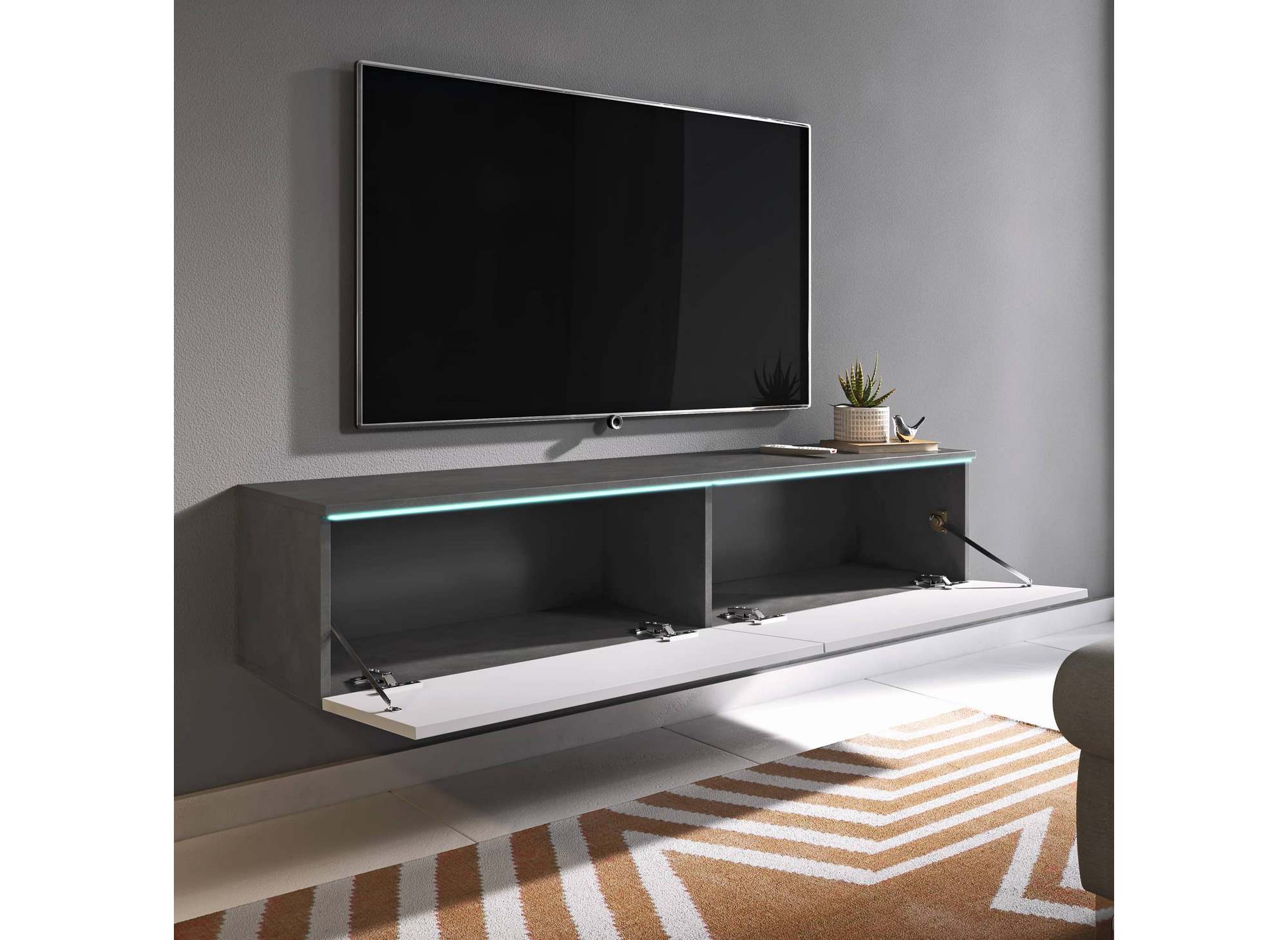 Meuble TV contemporain gris et blanc avec LED 2 portes MALORIE - 180 cm