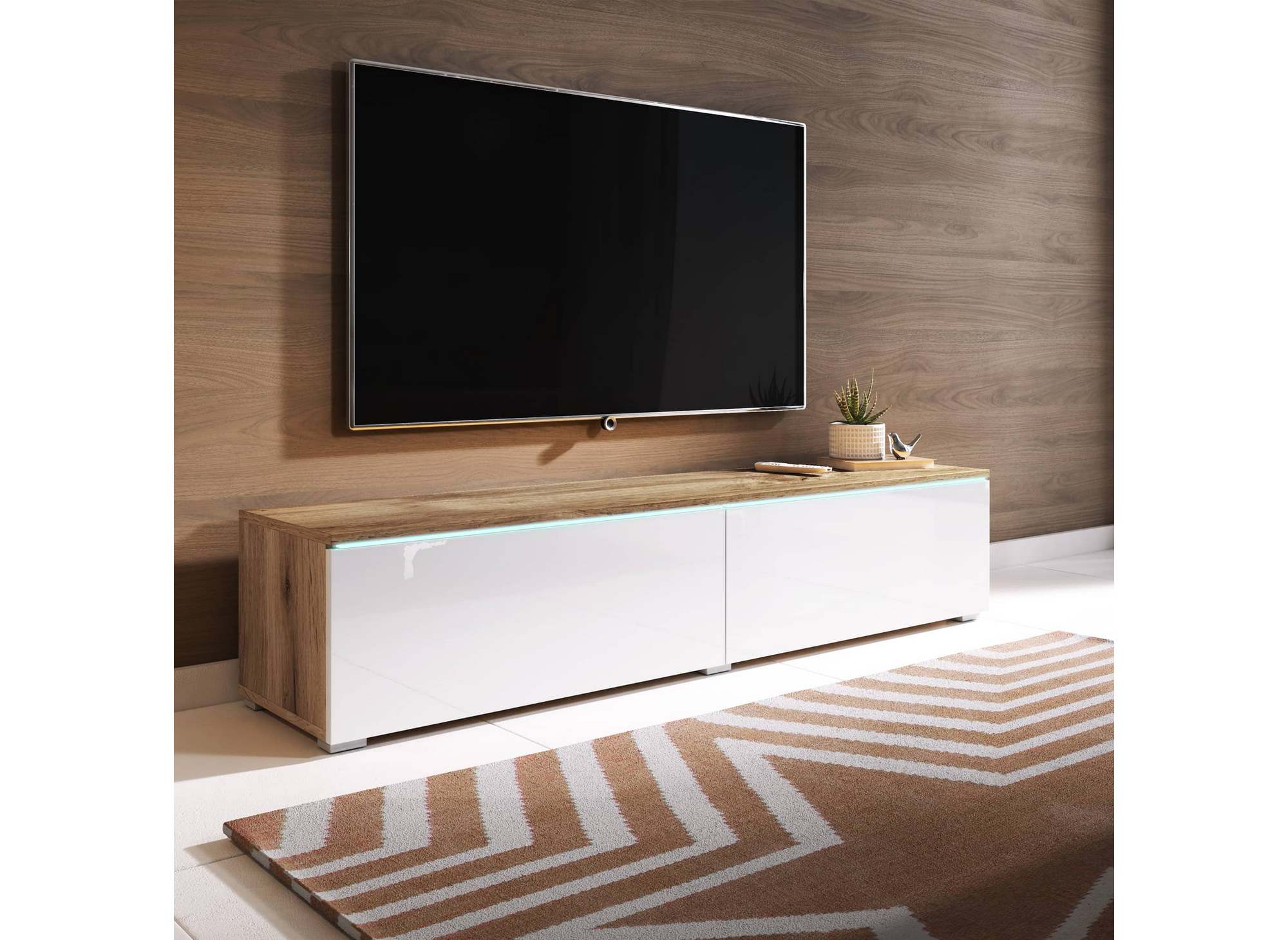 Meuble TV contemporain en chêne et blanc avec LED 2 portes MALORIE - 180 cm