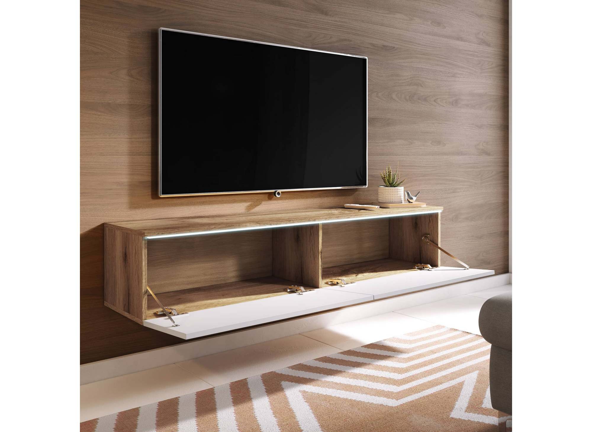 Meuble TV contemporain en chêne et blanc avec LED 2 portes MALORIE - 180 cm