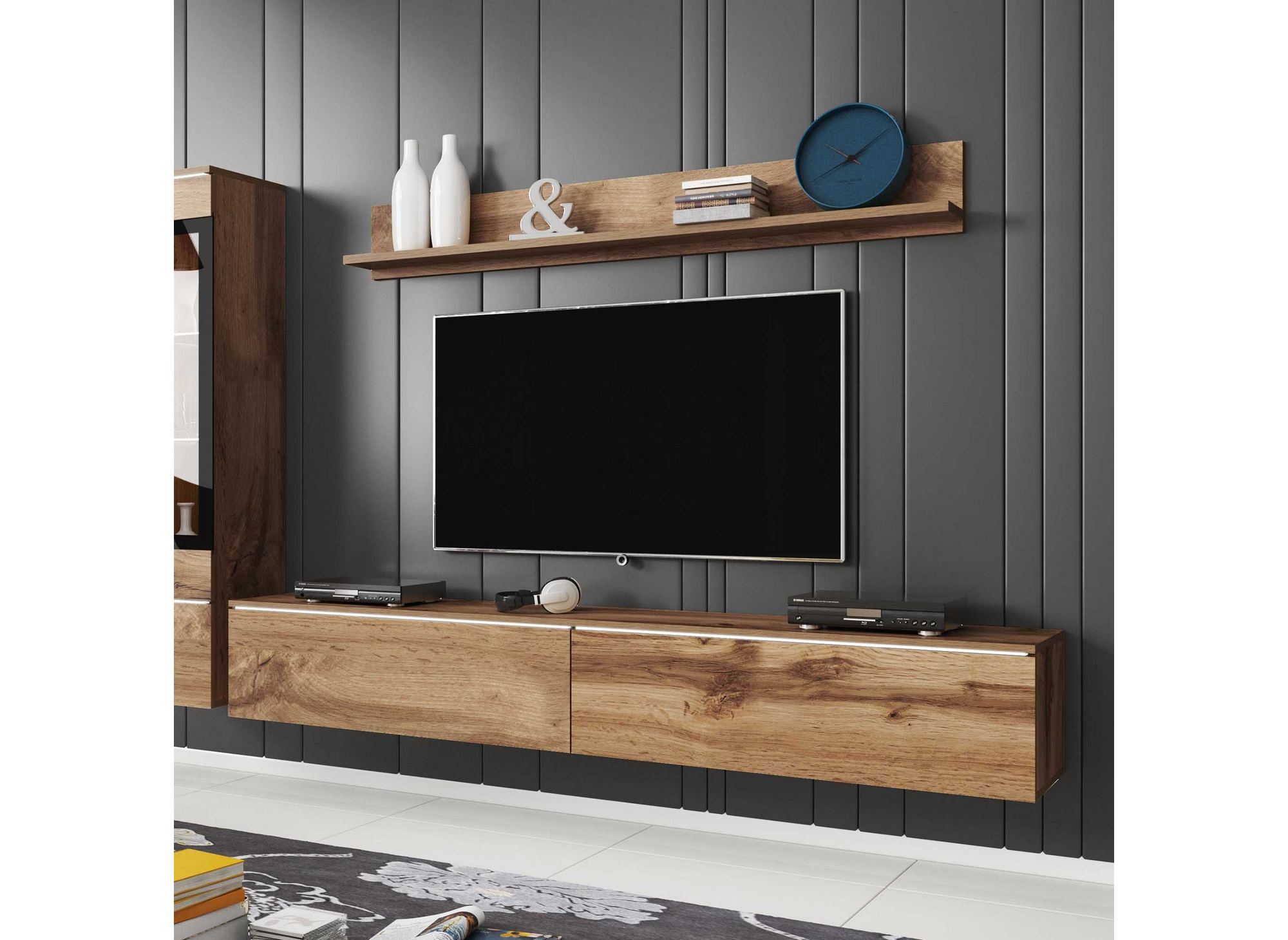 Meuble TV contemporain chêne vieilli avec LED - VERONICA