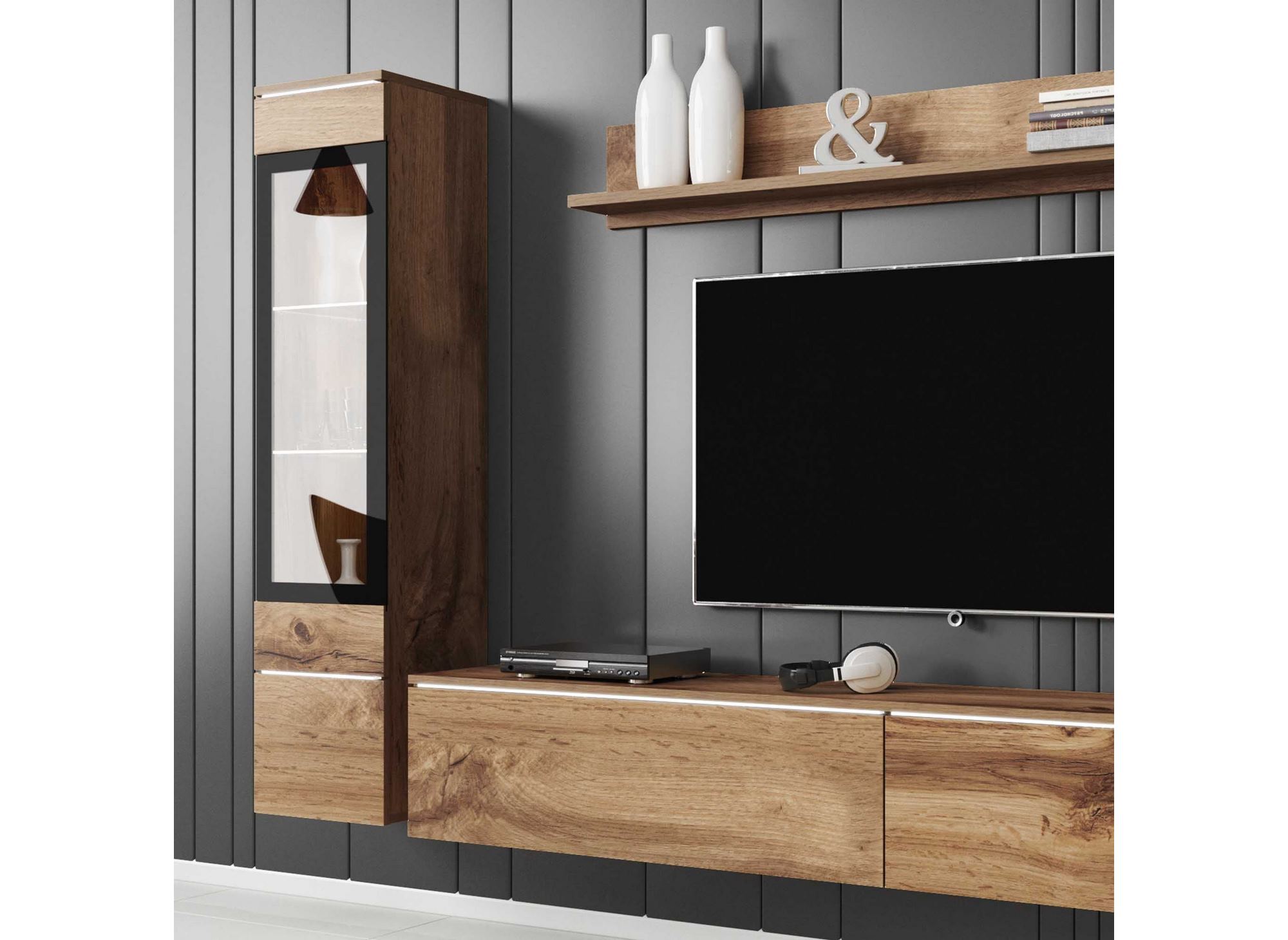 Meuble TV contemporain chêne vieilli avec LED - VERONICA