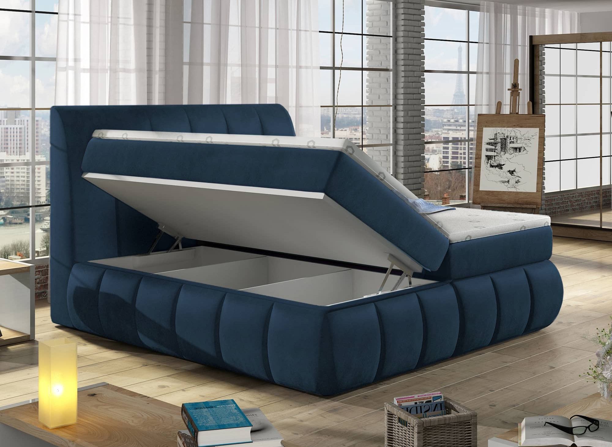 Lit boxspring 140x200 avec coffre de rangement en velours bleu foncé - VALERIA