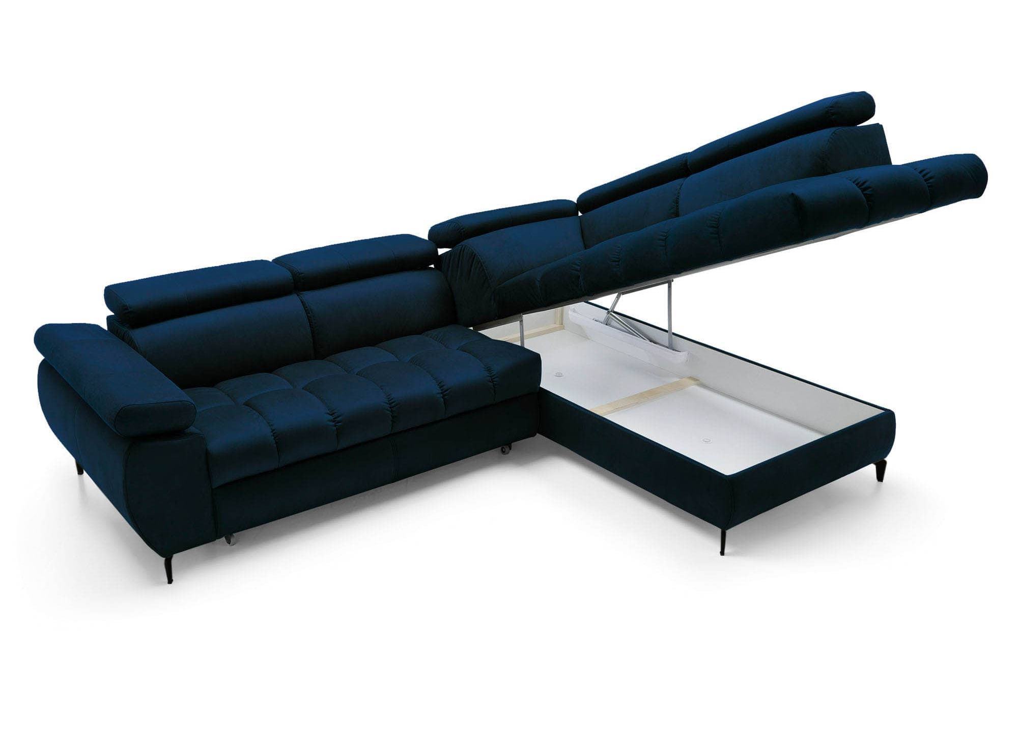 Canapé d’angle convertible matelassé avec coffre en velours bleu foncé LUCIANO - Angle droit