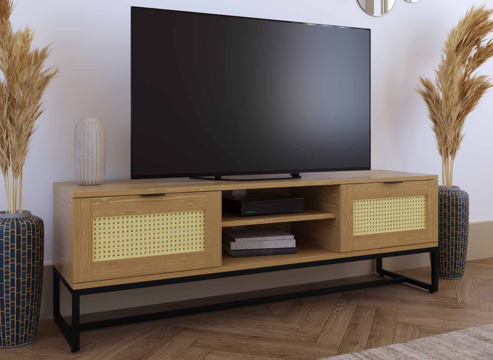 Meuble TV scandinave 2 portes en bois métal et cannage TULLIO