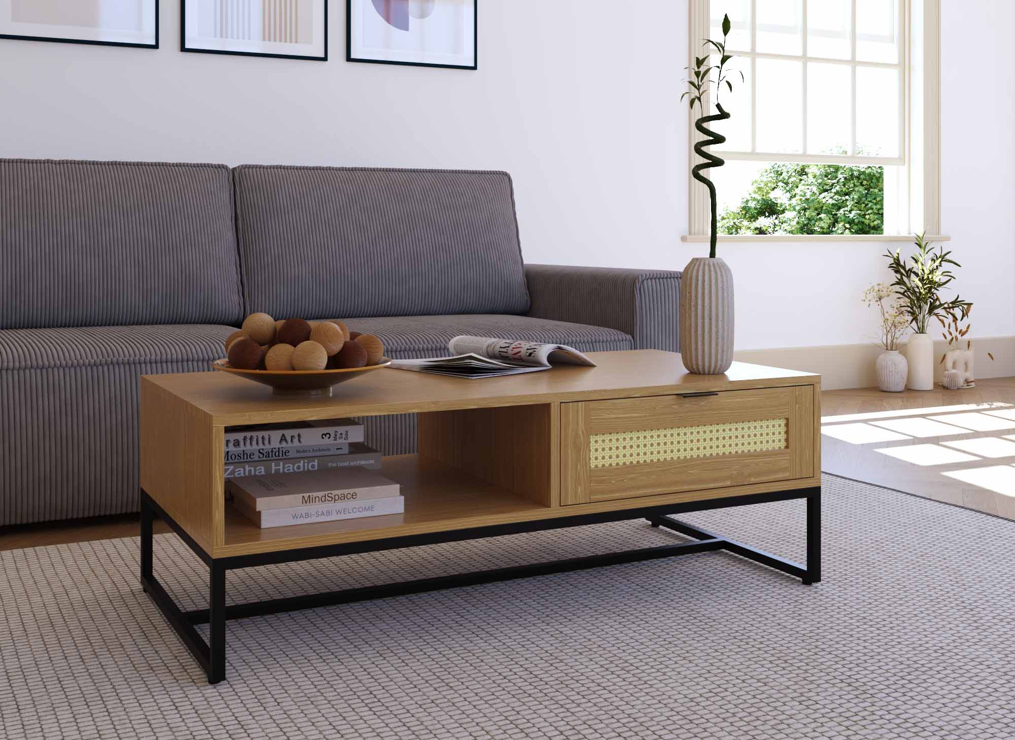 Table basse scandinave avec rangements en bois métal et cannage TULLIO