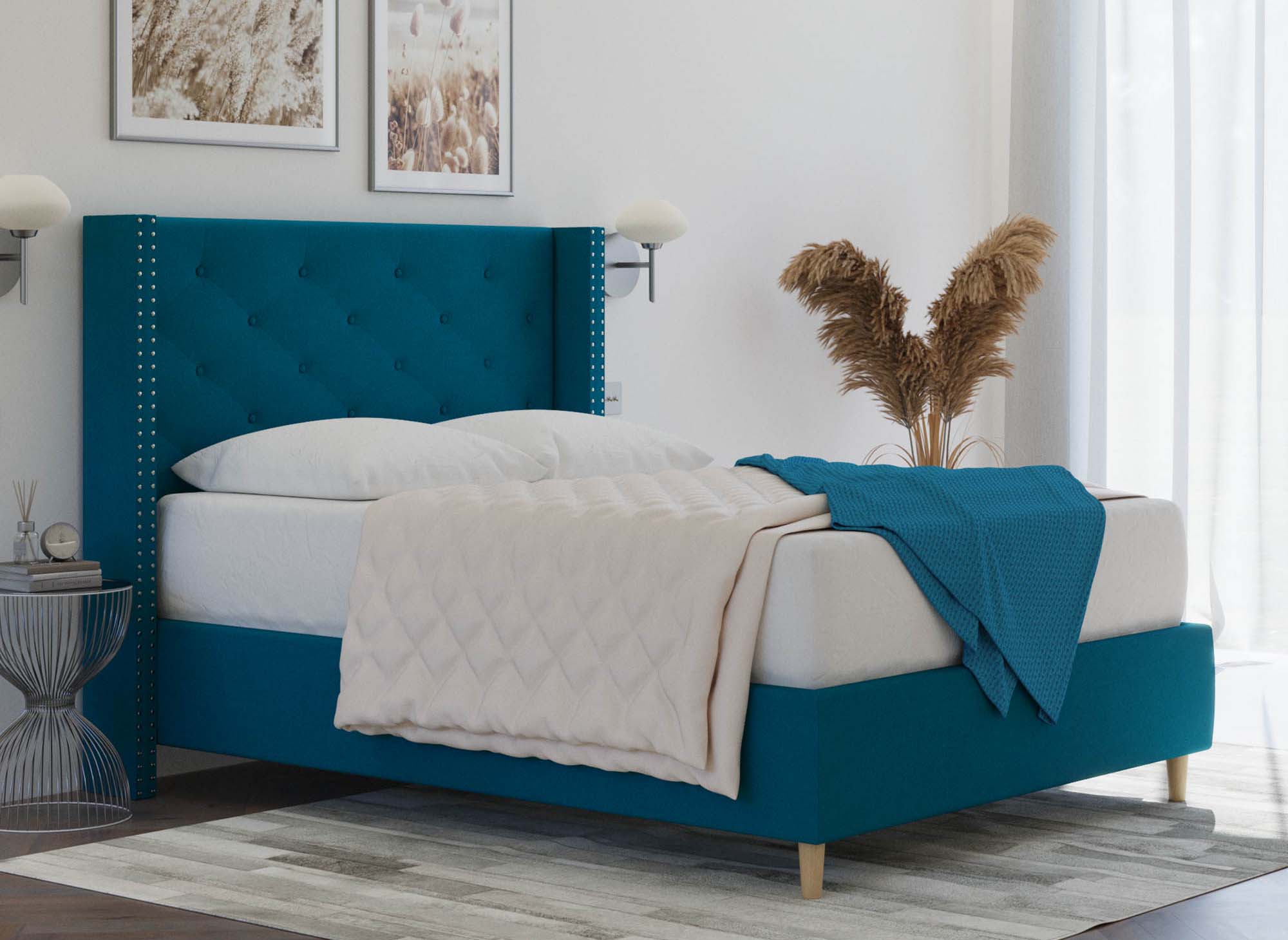 Lit double en tissu capitonné bleu MARGOT 140x190 cm