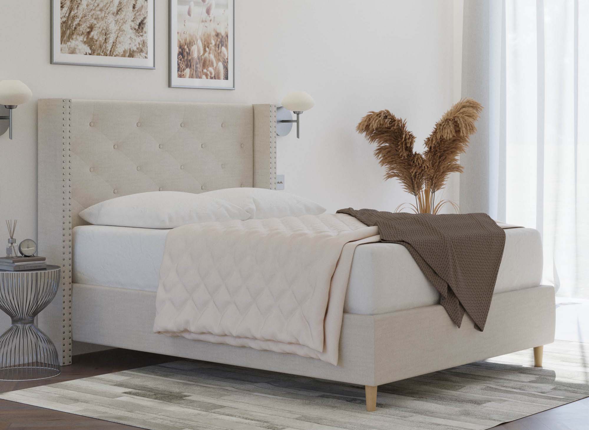 Lit double en tissu capitonné beige MARGOT 140x190 cm