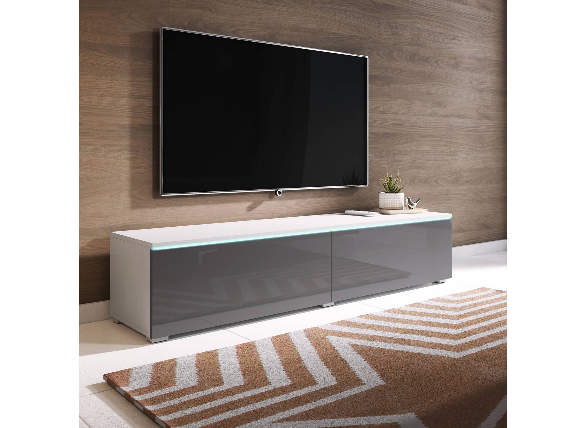 Meuble TV contemporain laqué gris et blanc avec LED 2 portes MALORIE - 180 cm