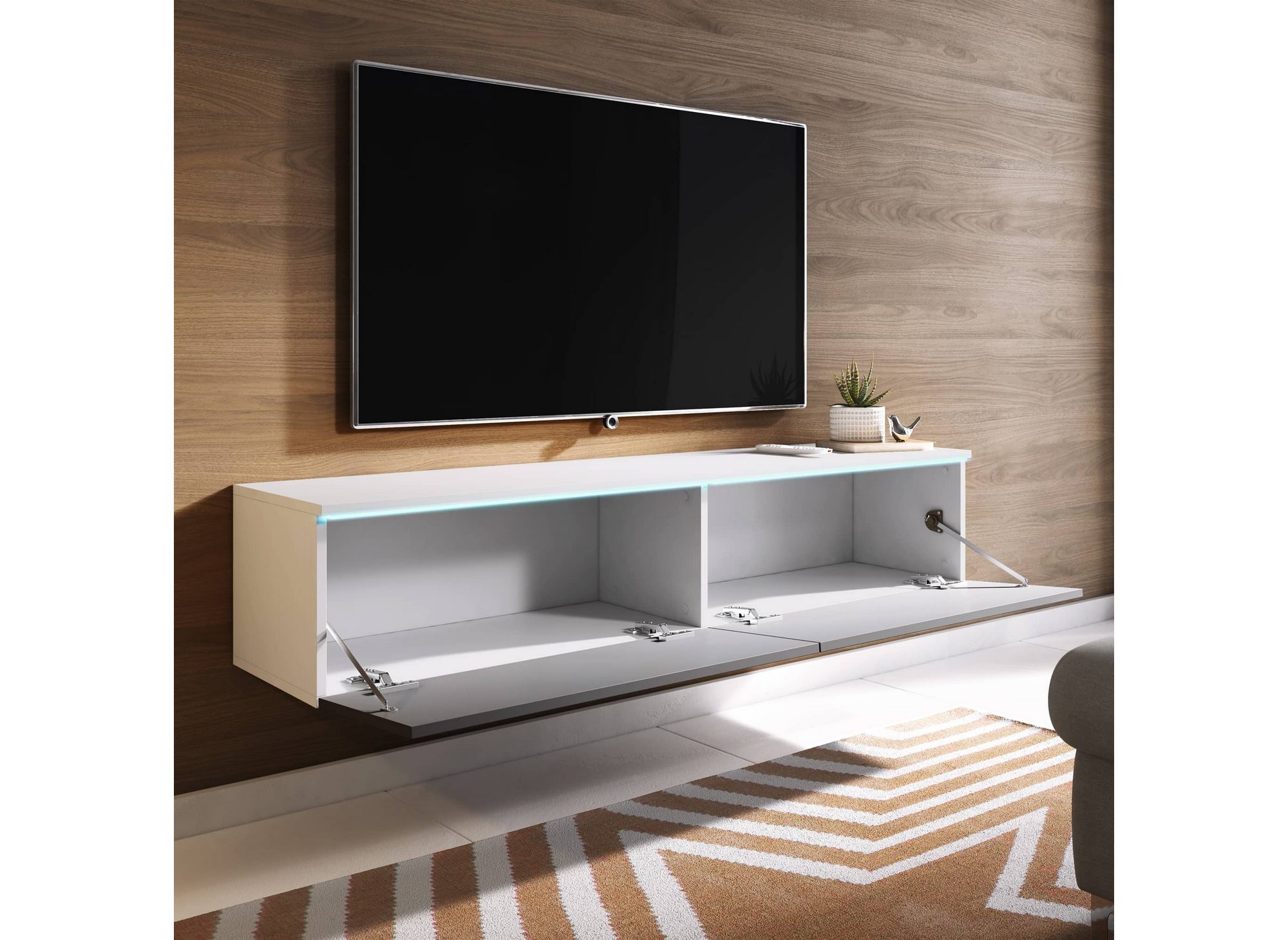 Meuble TV contemporain laqué gris et blanc avec LED 2 portes MALORIE - 180 cm