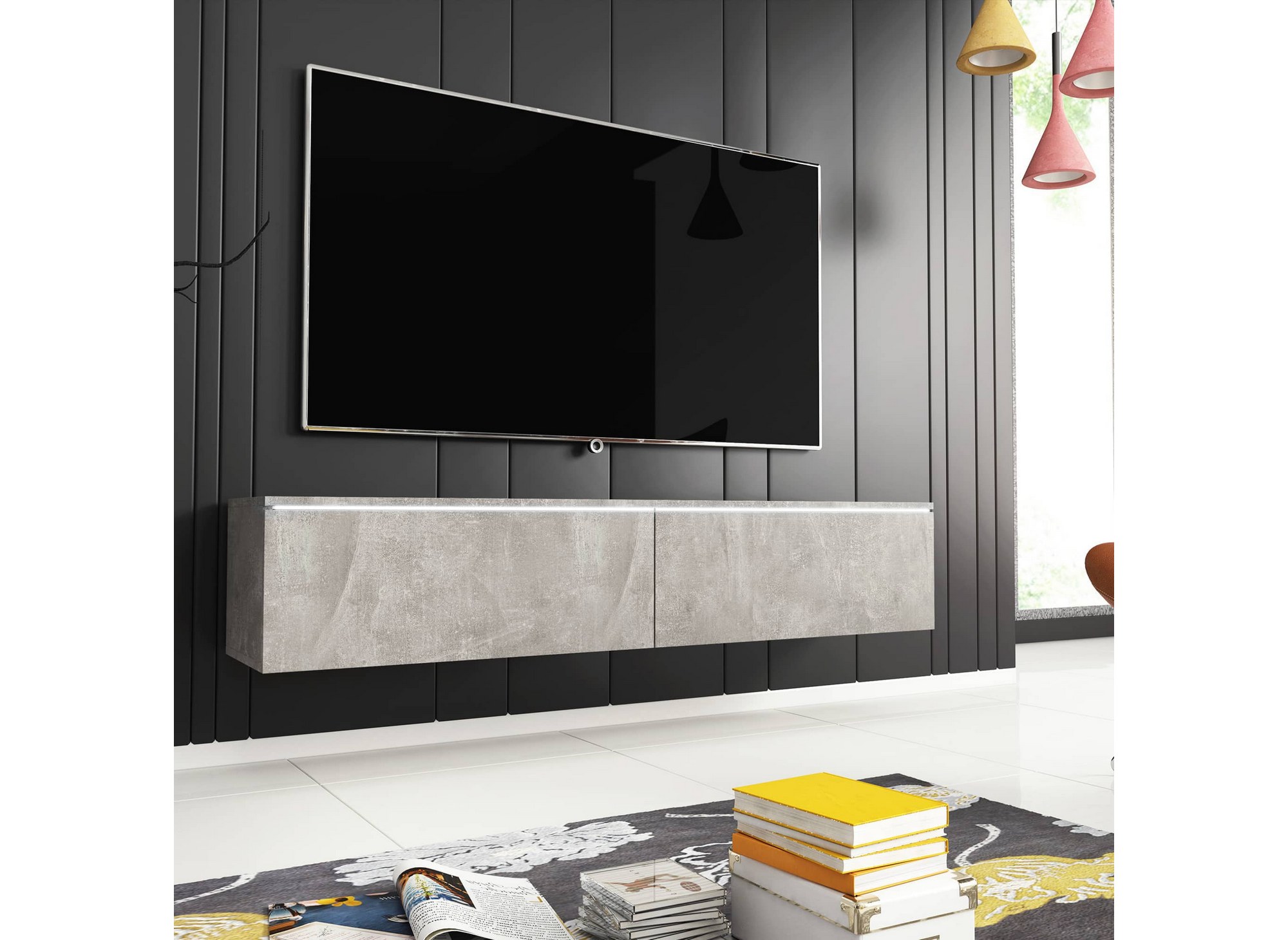 Meuble TV contemporain gris béton avec LED 2 portes MALORIE - 180 cm