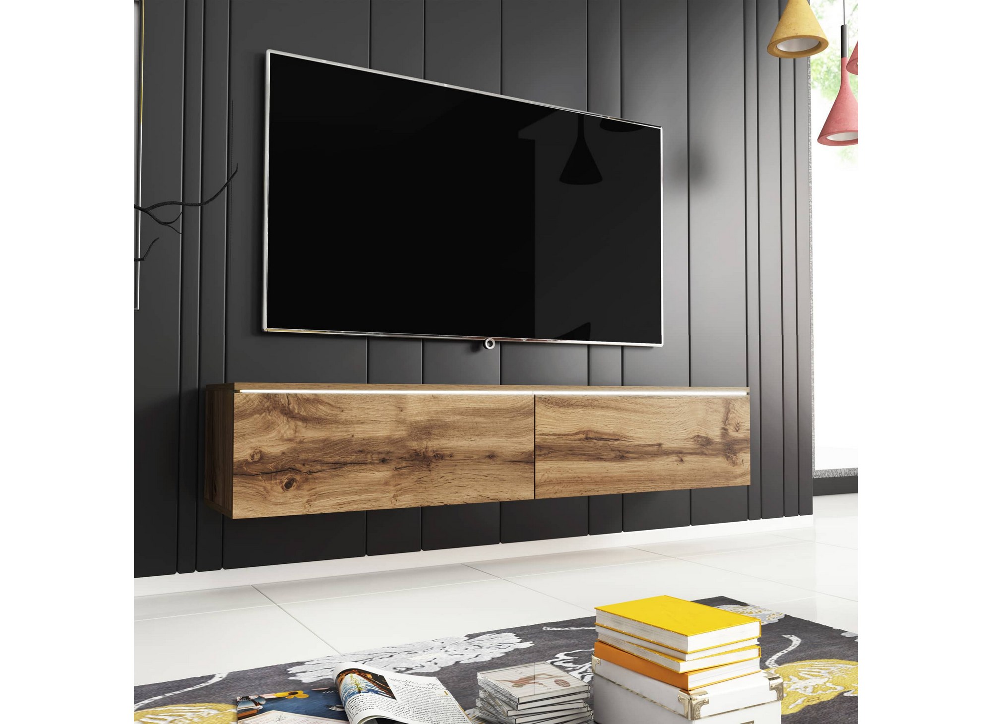 Meuble TV contemporain en chêne avec LED 2 portes MALORIE - 180 cm
