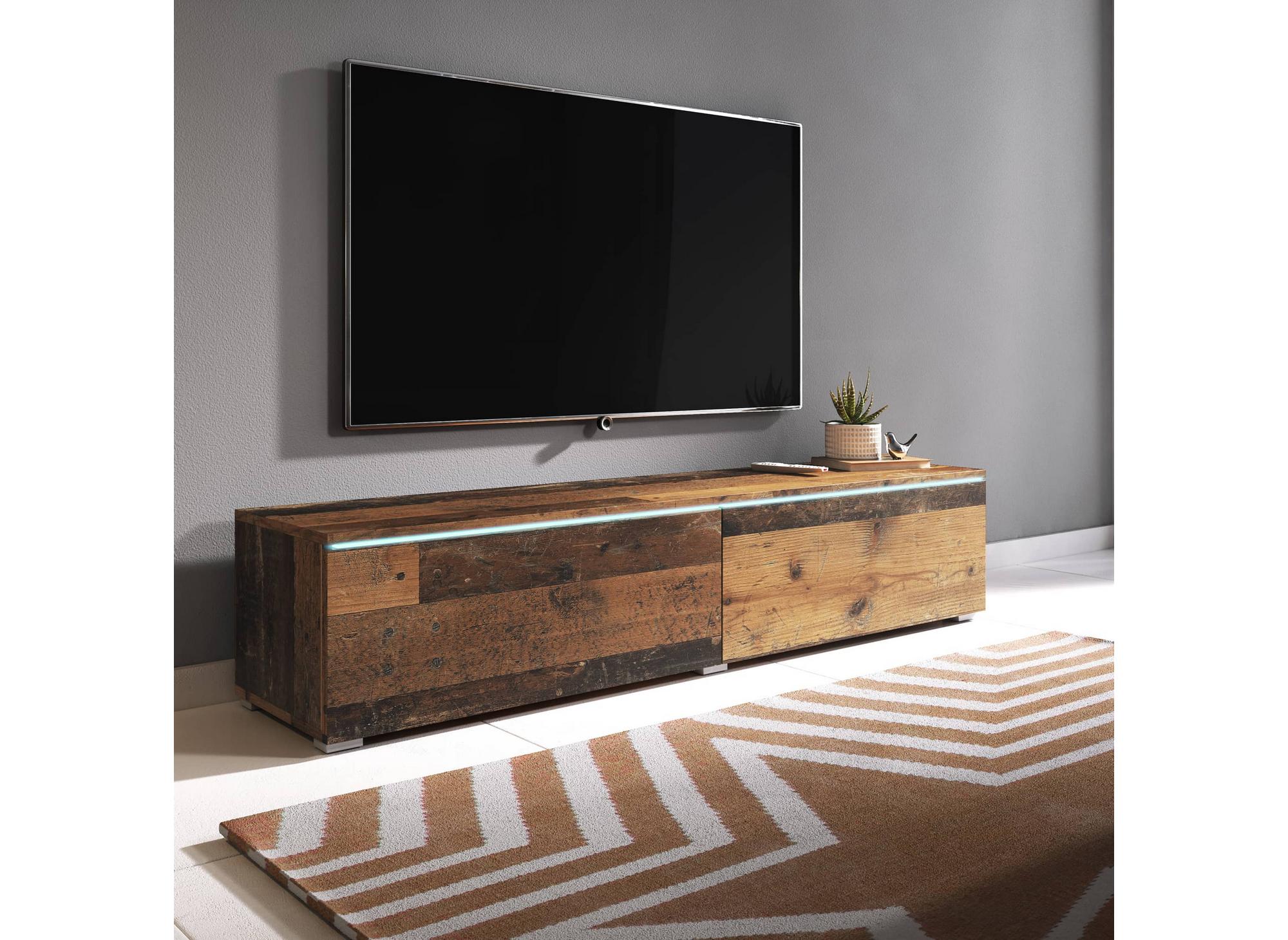 Meuble TV contemporain anthracite et chêne vieilli foncé avec LED 2 portes MALORIE - 180 cm