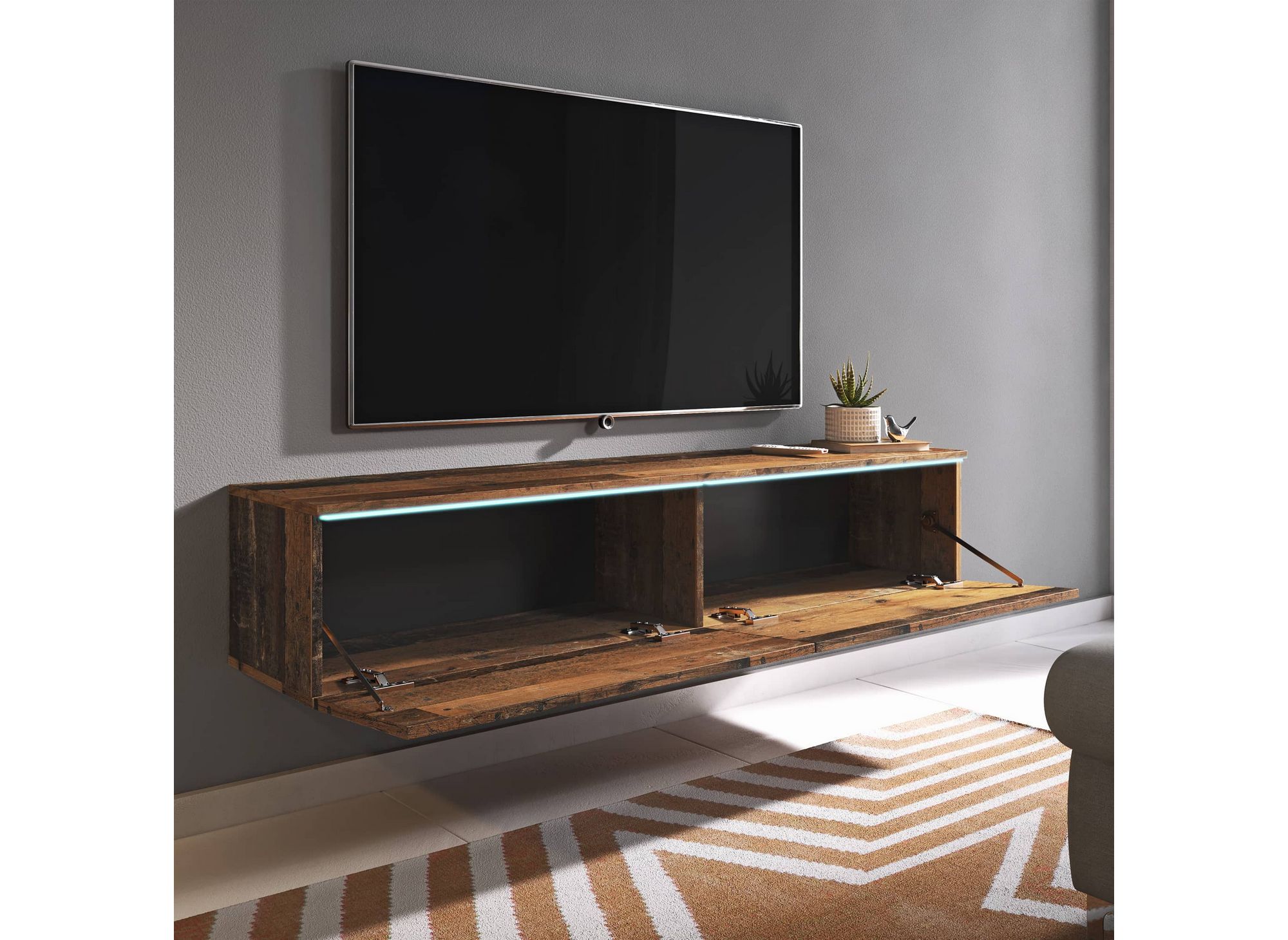 Meuble TV contemporain anthracite et chêne vieilli foncé avec LED 2 portes MALORIE - 180 cm