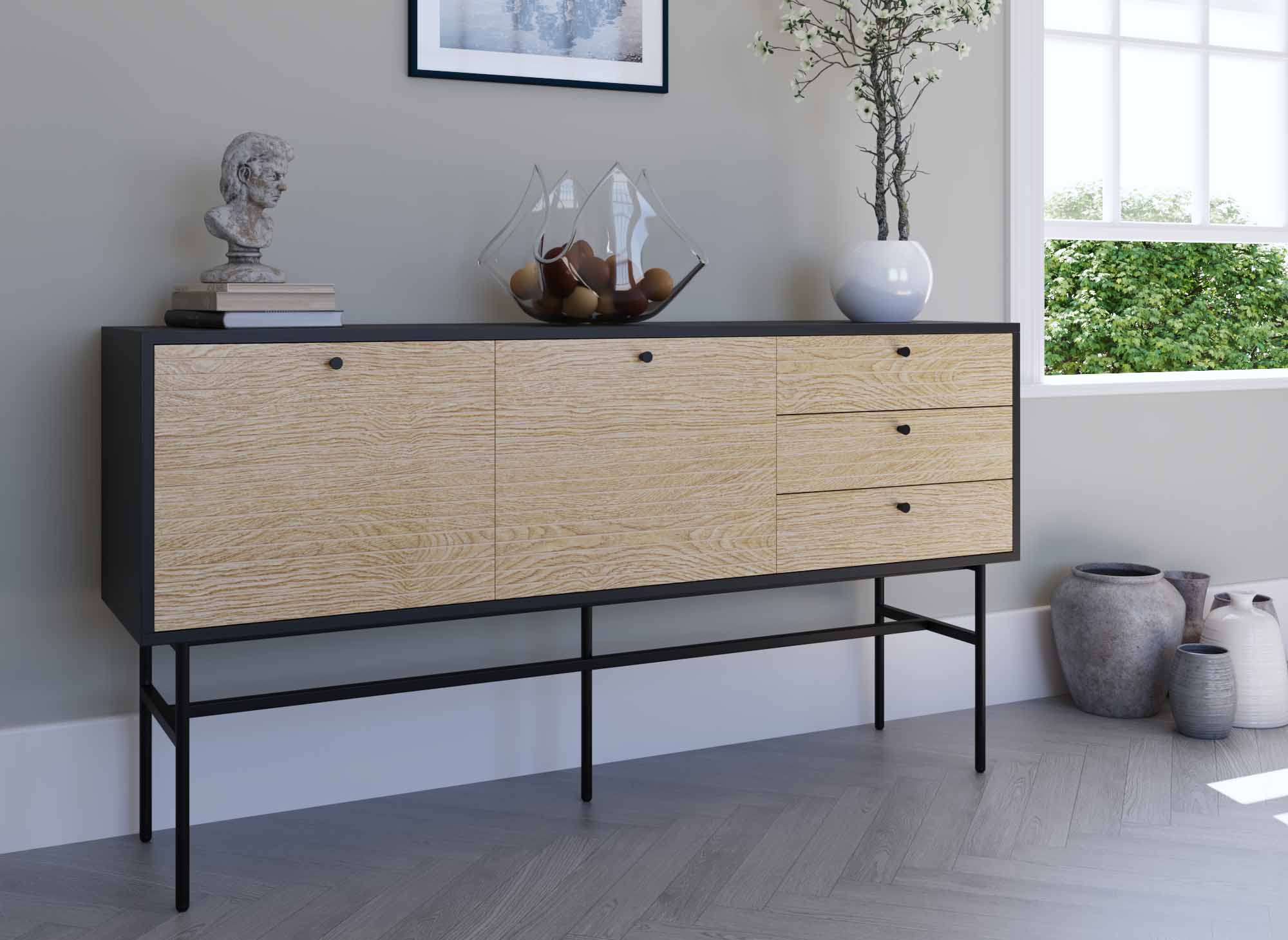 Buffet enfilade 3 tiroirs  2 portes en bois et métal noir DARYL