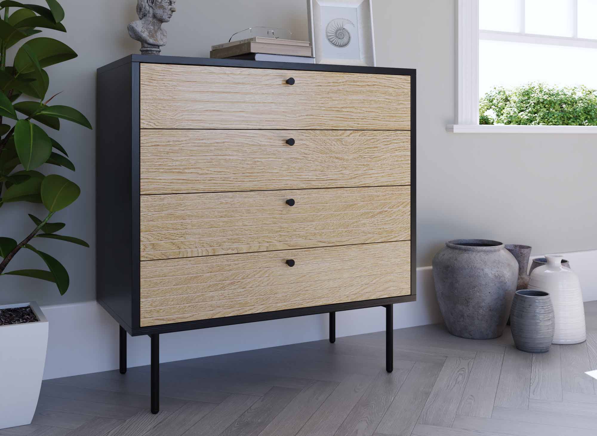Commode basse 4 tiroirs en bois et métal noir DARYL