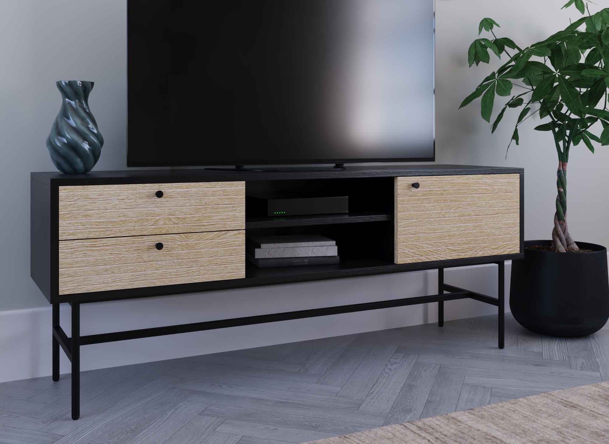 Meuble TV avec 2 tiroirs et 1 porte en bois et métal noir DARYL