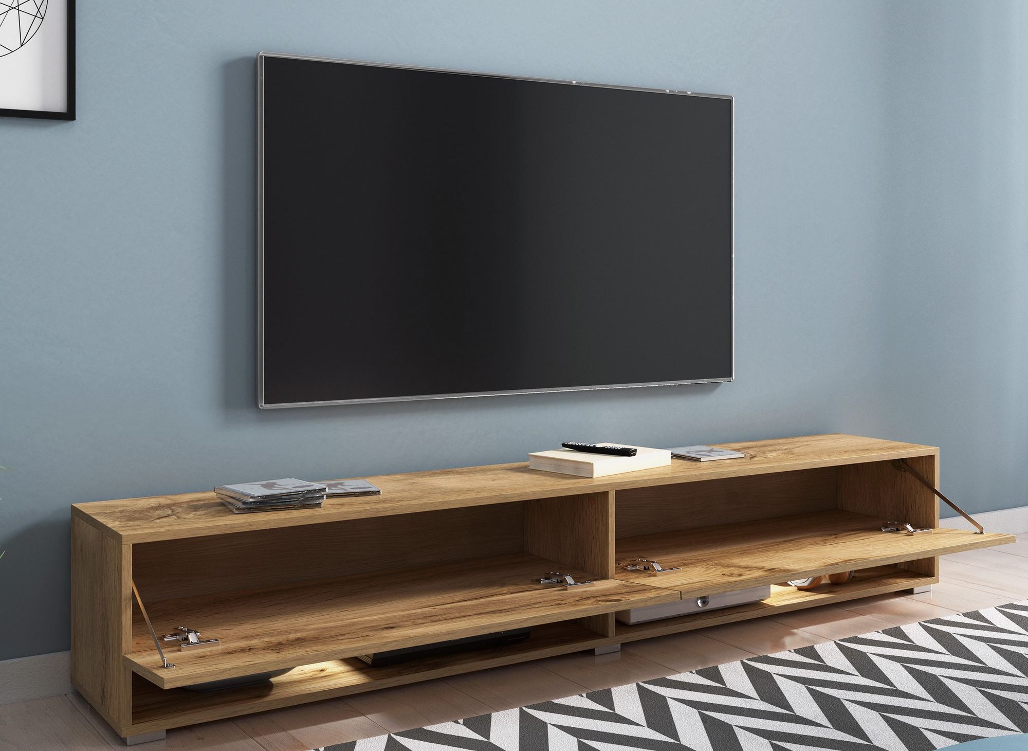 Meuble TV suspendu 2 portes 2 niches en chêne ROMANE XXL - 180 cm