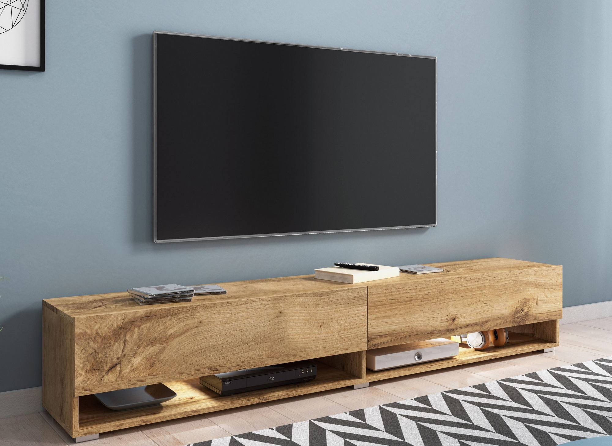 Meuble TV suspendu 2 portes 2 niches en chêne ROMANE XXL - 180 cm