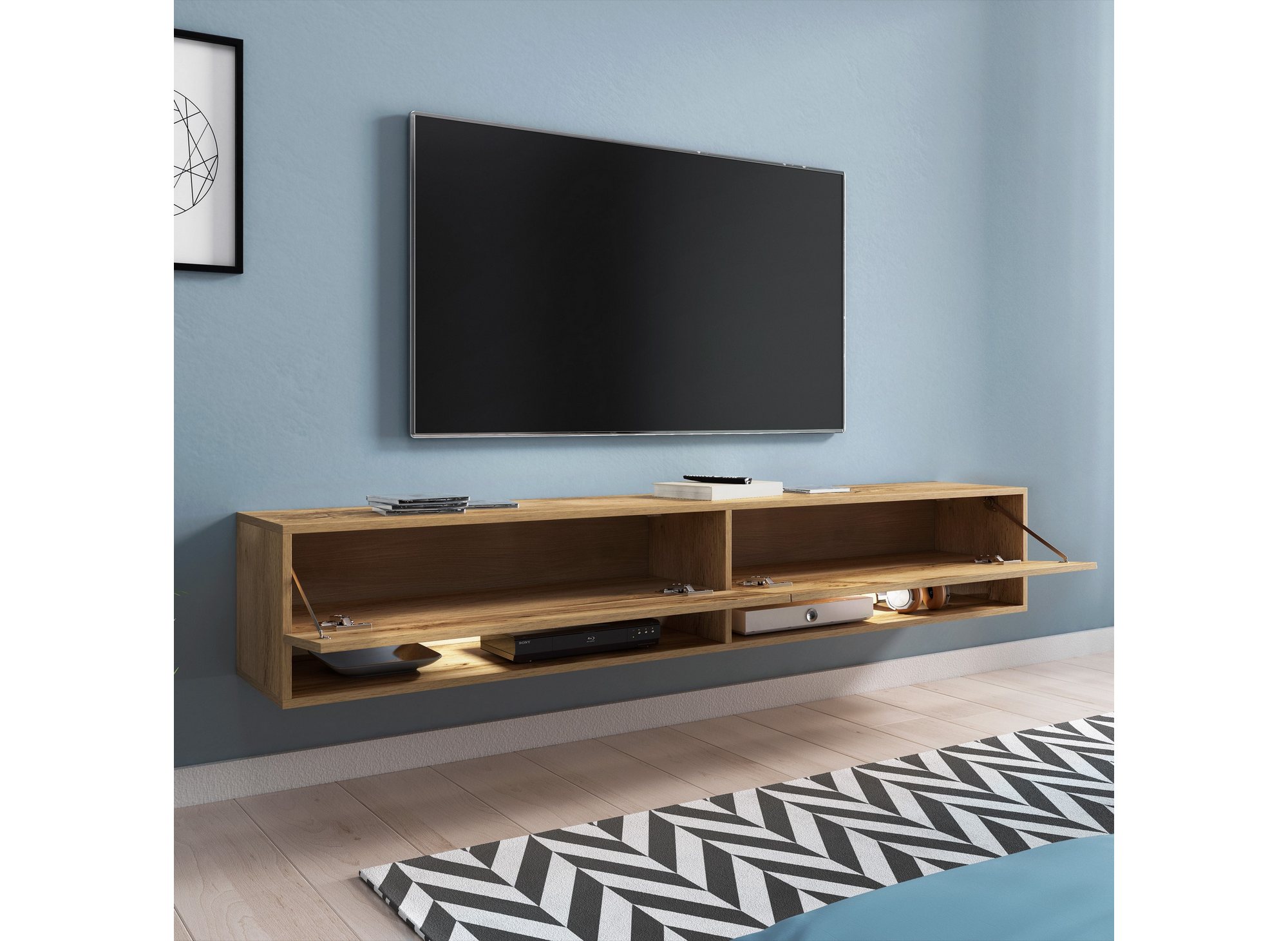 Meuble TV suspendu 2 portes 2 niches en chêne ROMANE XXL - 180 cm