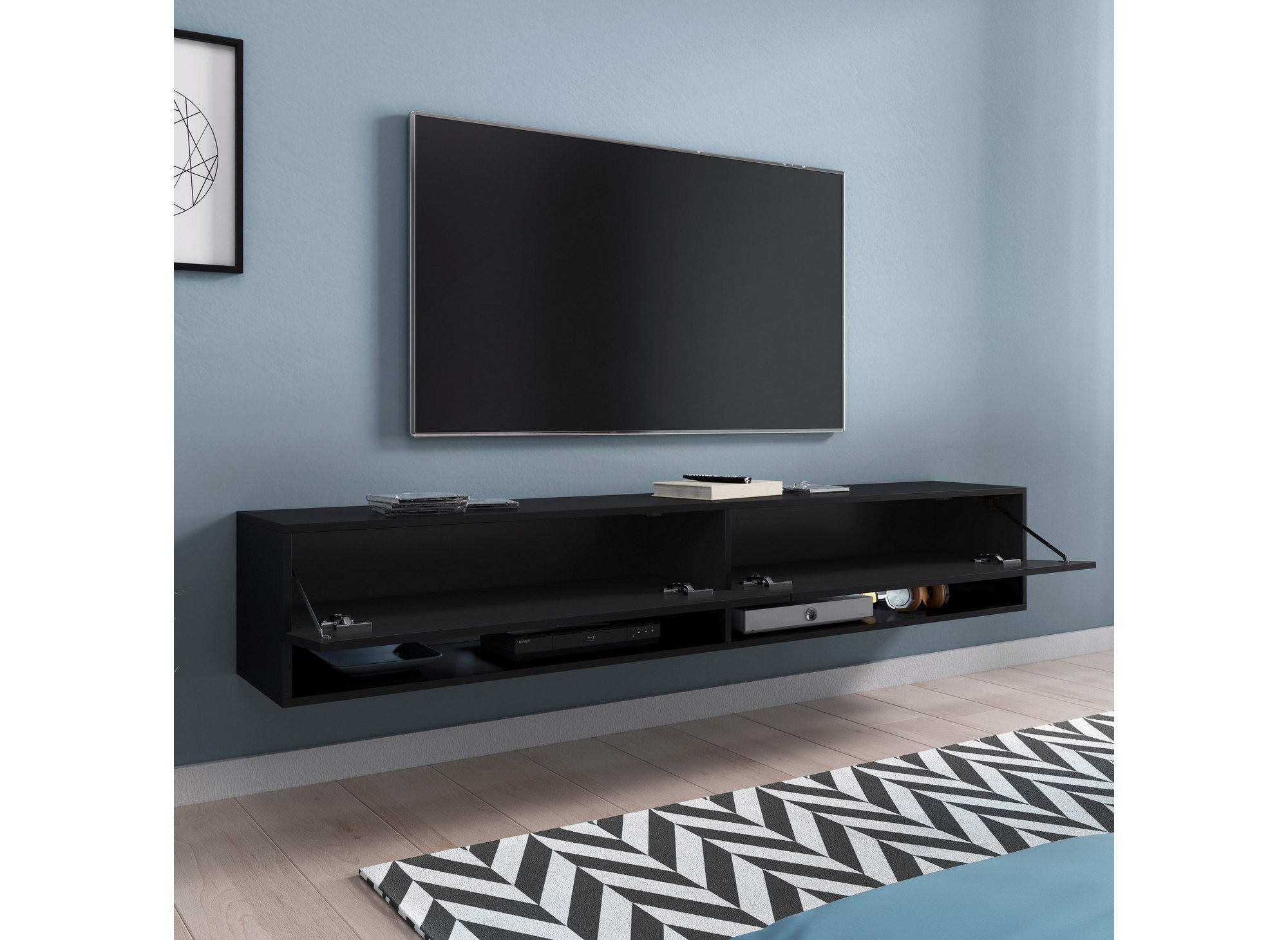 Meuble TV suspendu 2 portes 2 niches noir ROMANE XXL - 180 cm