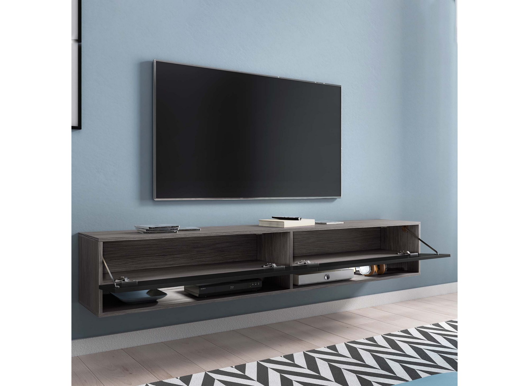 Meuble TV suspendu 2 portes 2 niches gris foncé et noir ROMANE XXL - 180 cm