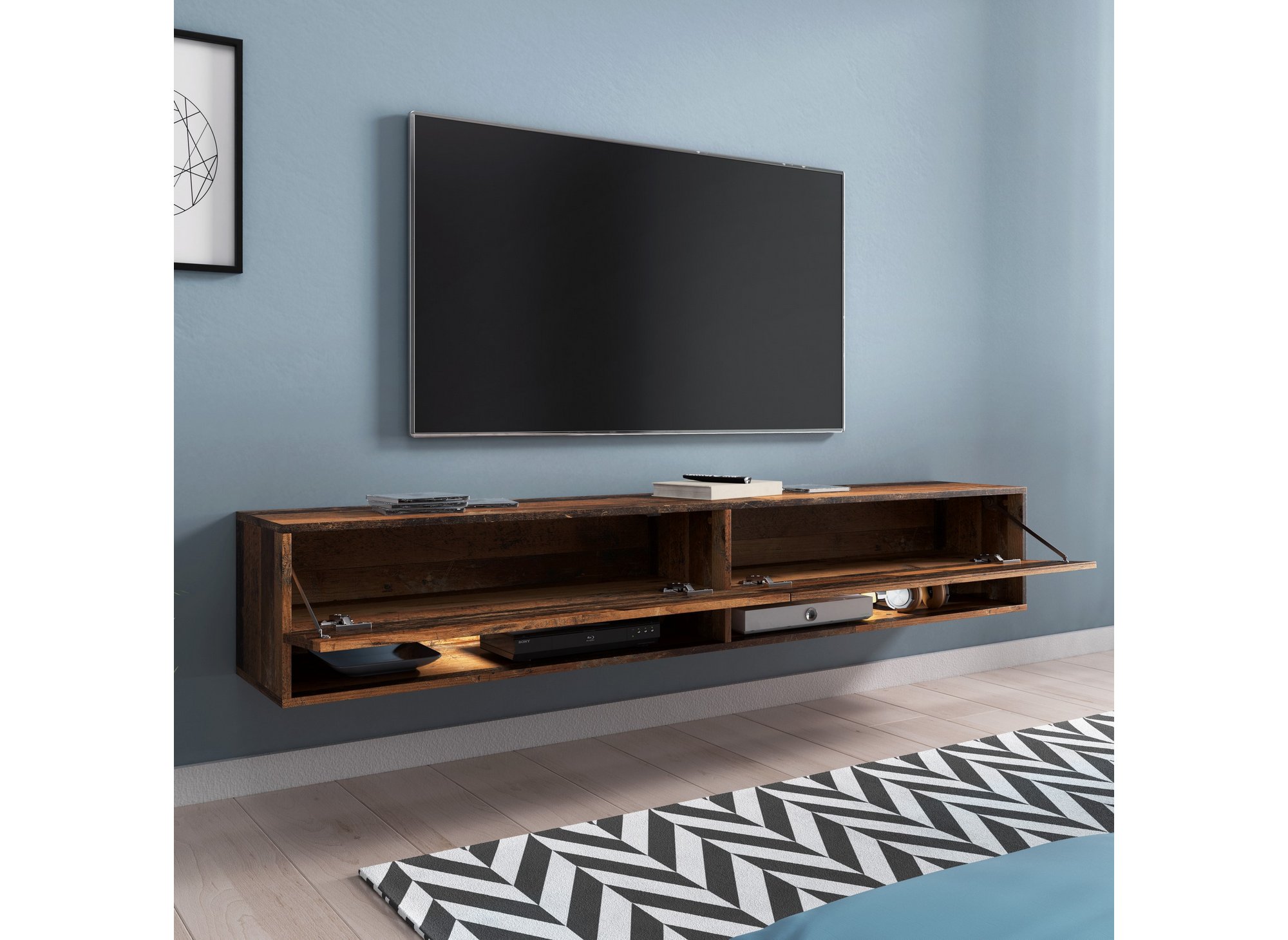 Meuble TV suspendu 2 portes 2 niches en chêne vieilli ROMANE XXL - 180 cm