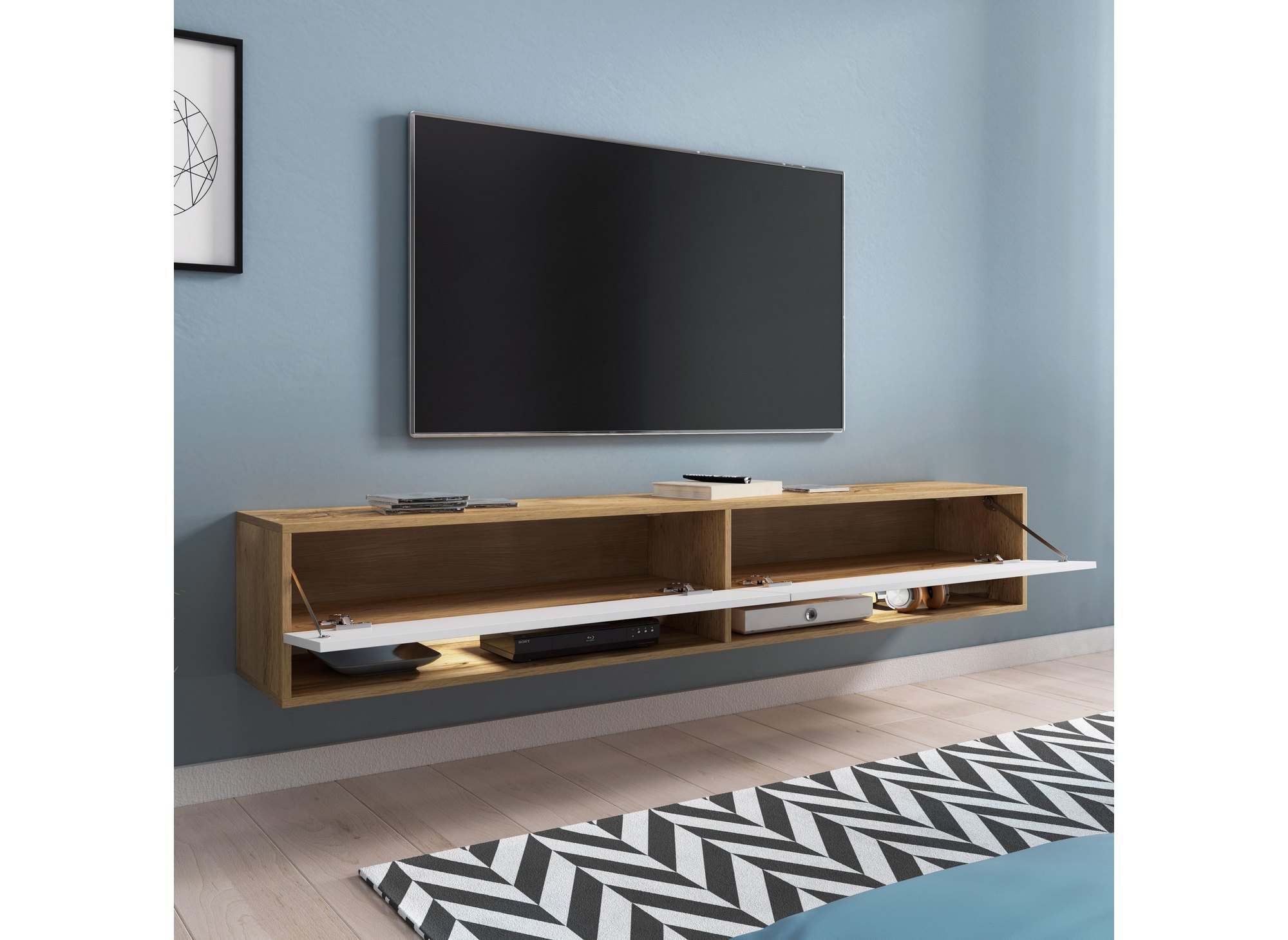 Meuble TV suspendu 2 portes 2 niches en chêne et blanc ROMANE XXL - 180 cm