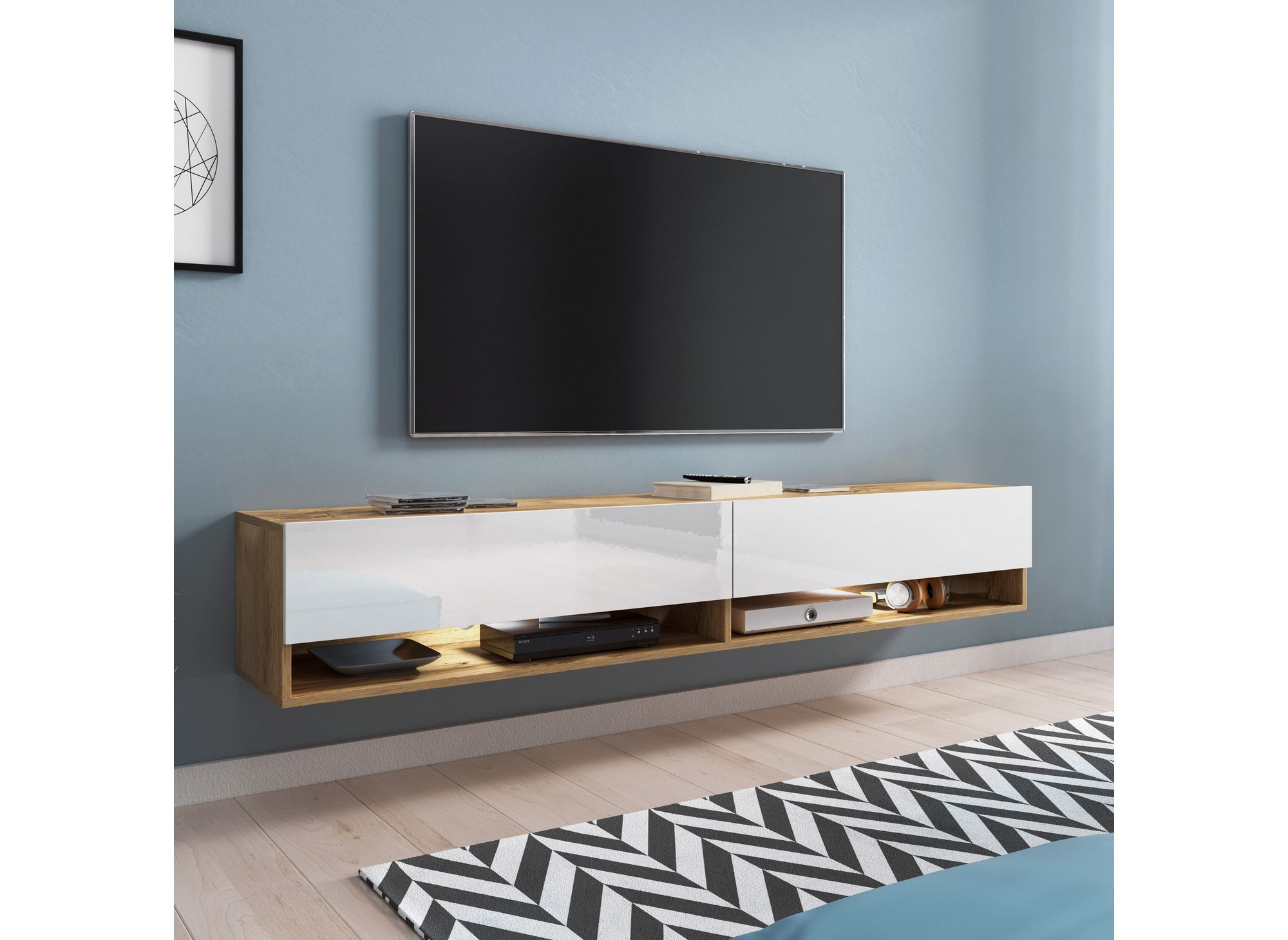 Meuble TV Suspendu 2 Portes 2 Niches En Ch ne Et Blanc ROMANE XXL 180 Cm Meuble TV Suspendu 2 Portes 2 Niches En Ch ne Et Blanc ROMANE XXL 180 Cm