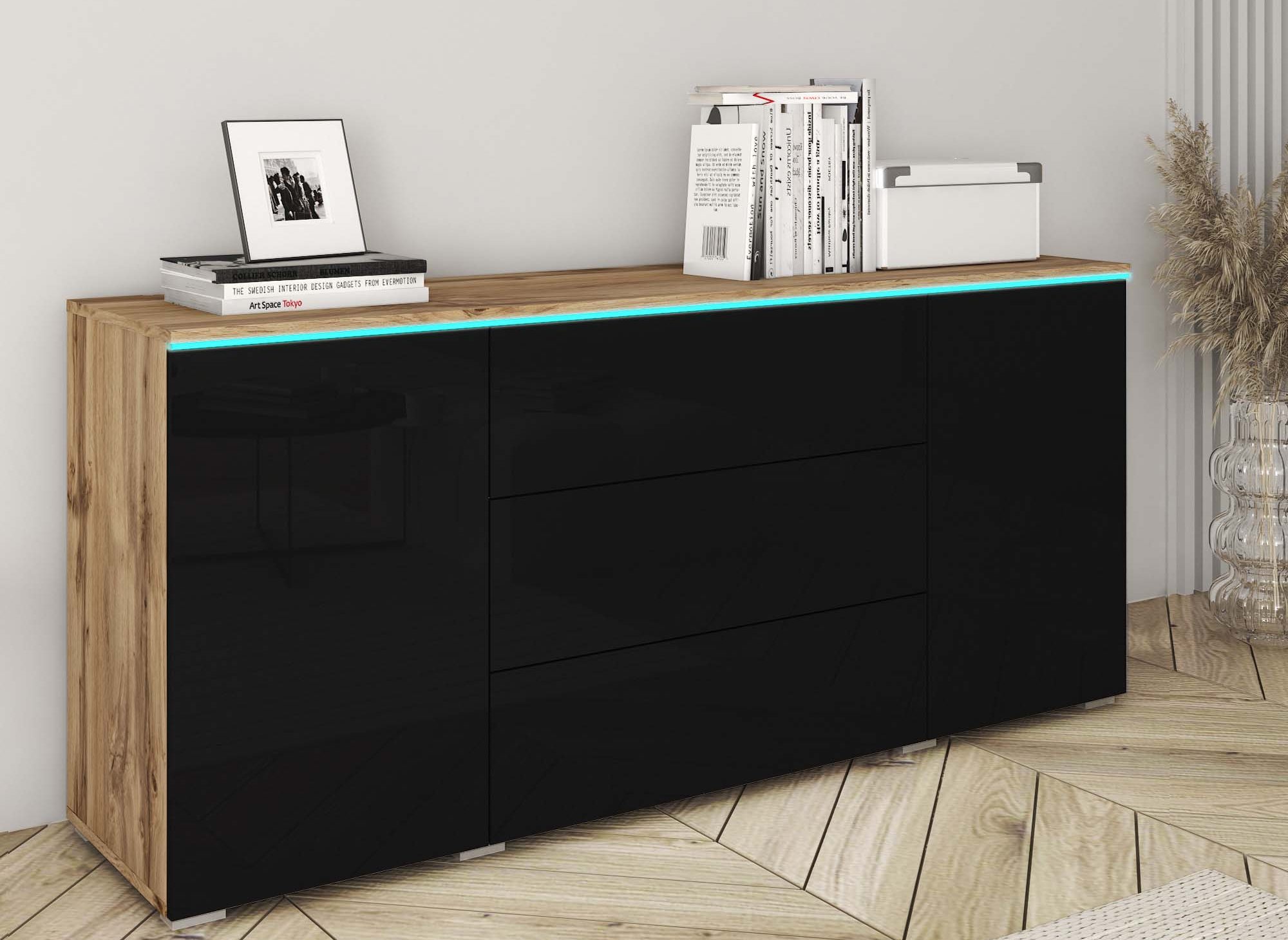 Buffet commode 2 portes 3 tiroirs chêne et noir avec LED - ALEXIA