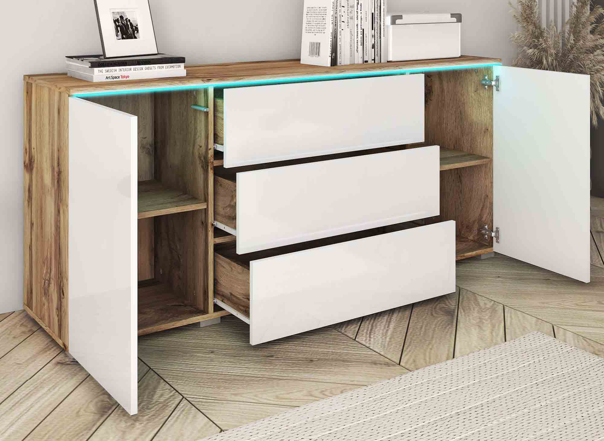 Buffet commode 2 portes 3 tiroirs chêne et blanc avec LED - ALEXIA
