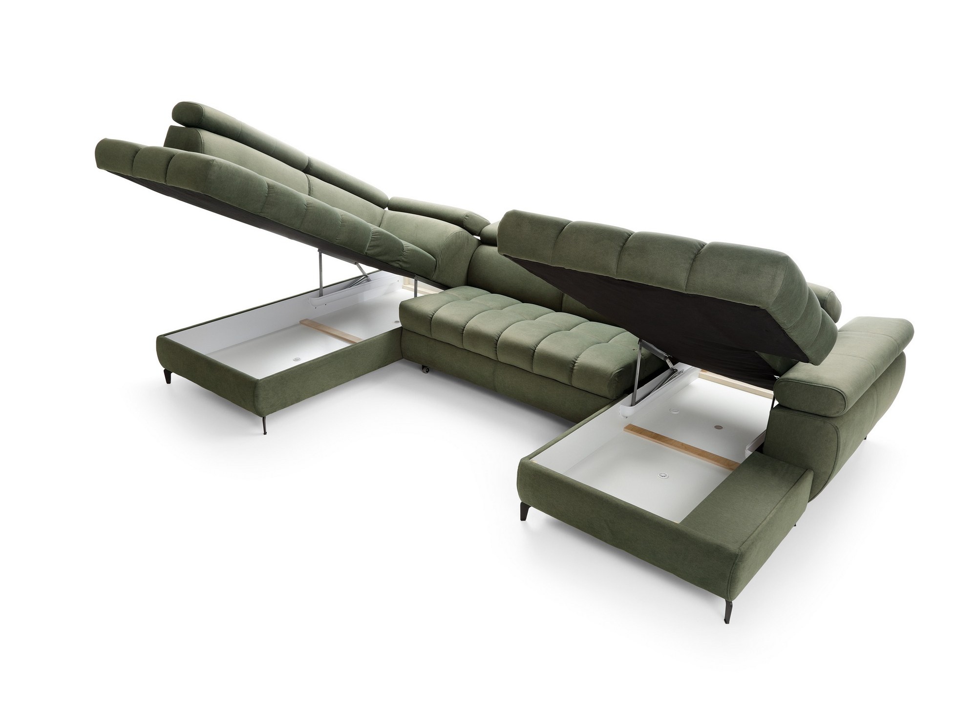 Canapé panoramique convertible matelassé avec coffre en tissu vert LUCIANO - Angle droit