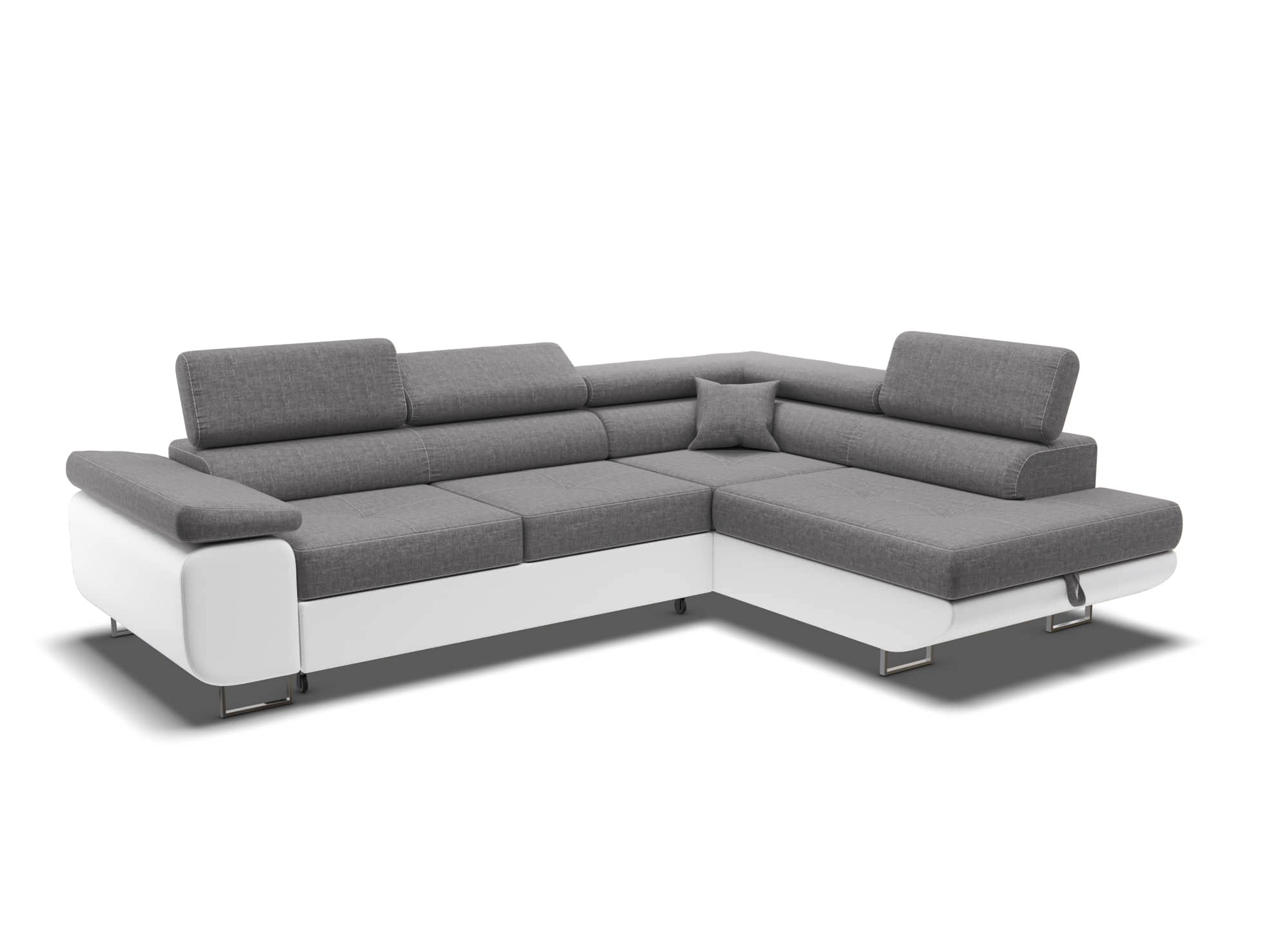 Canapé d’angle convertible avec coffre en tissu gris et simili blanc ASHER – Angle Droit