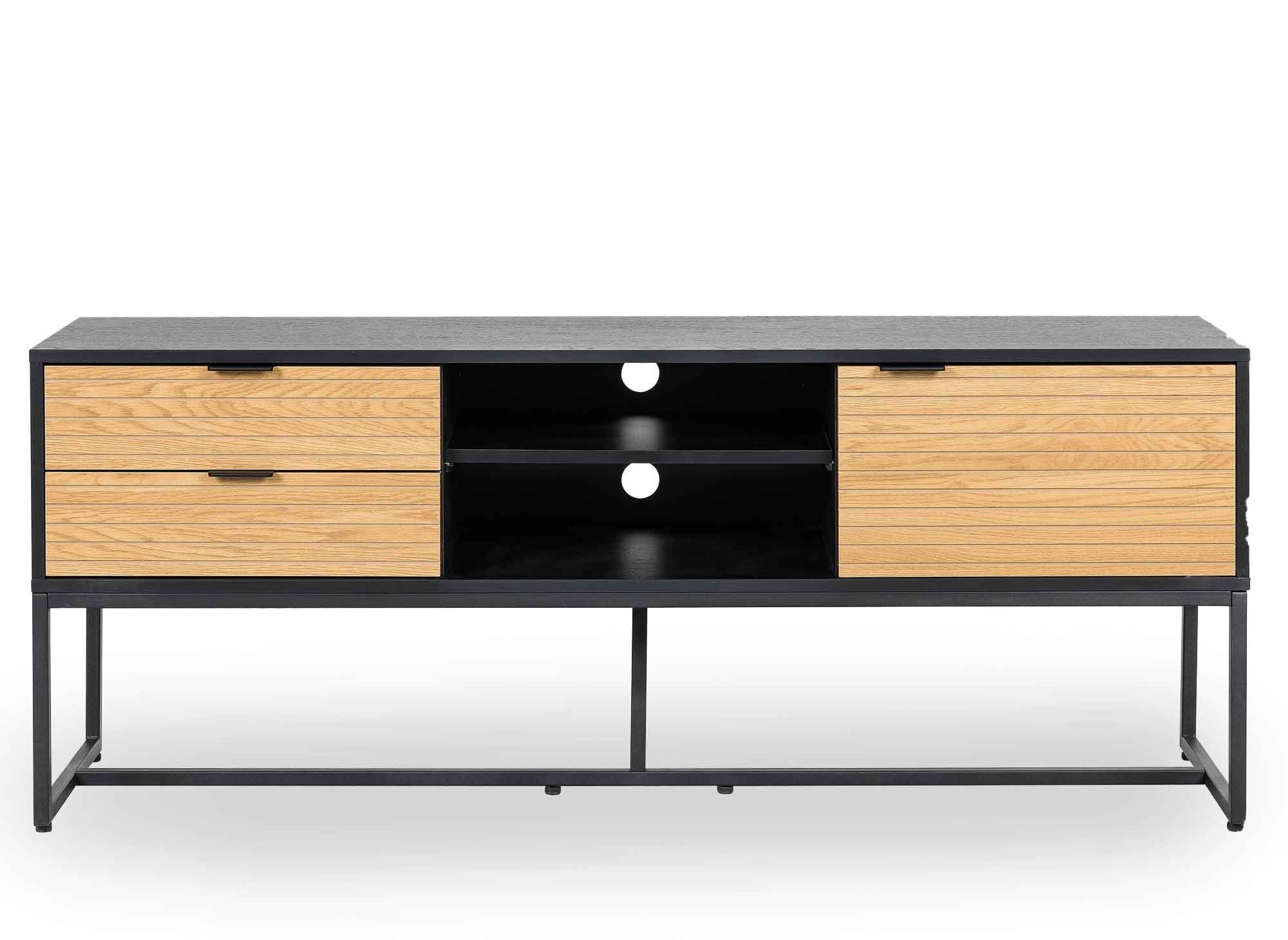 Meuble TV 2 tiroirs 1 porte en bois clair et métal noir TISSIA