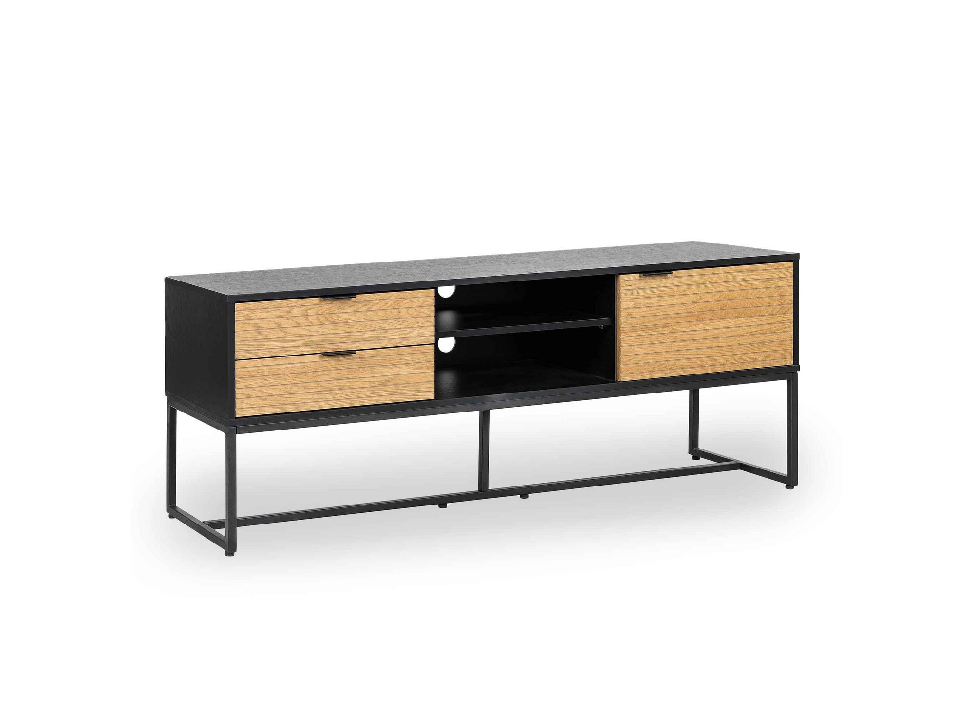Meuble TV 2 tiroirs 1 porte en bois clair et métal noir TISSIA