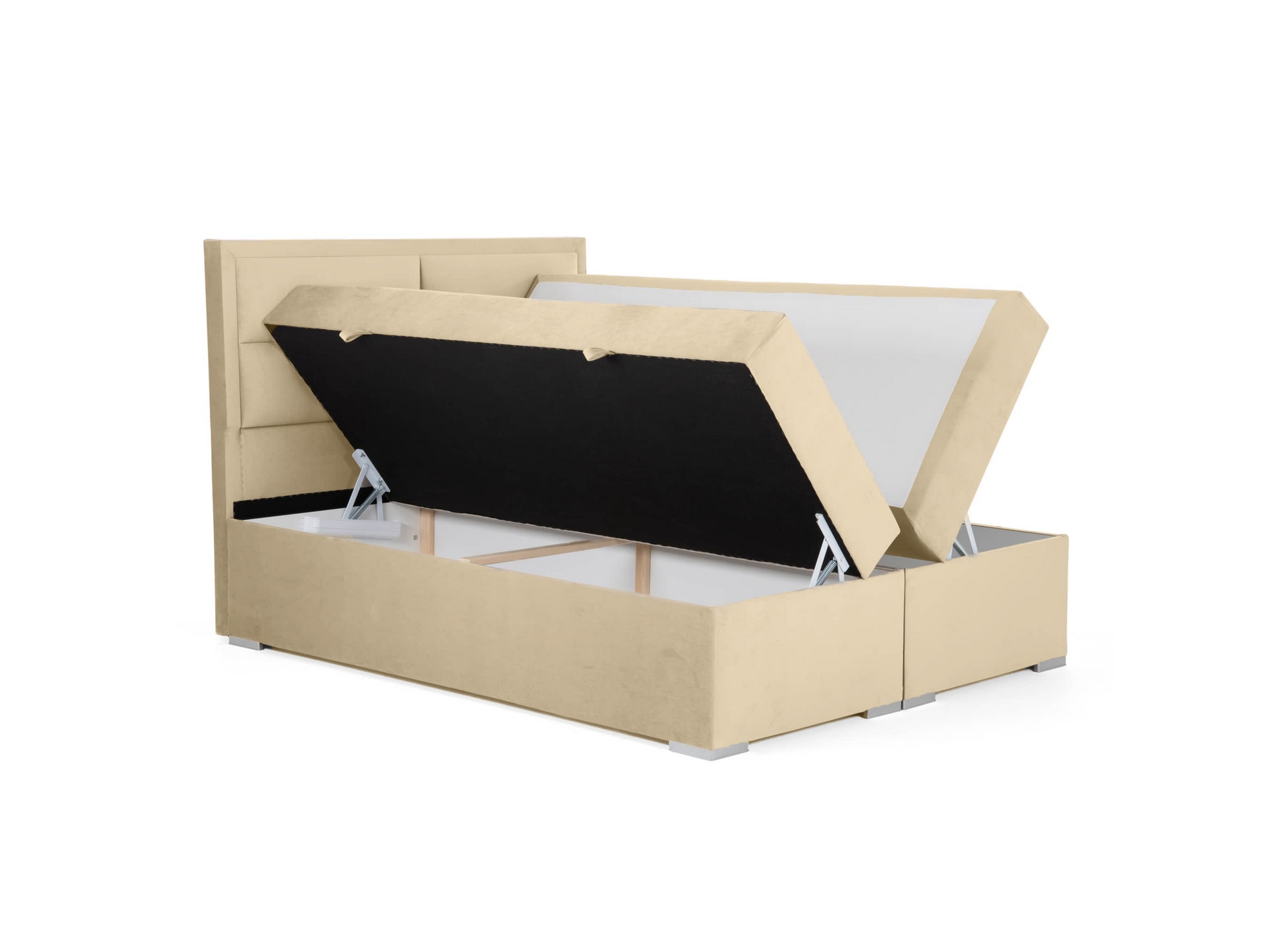 Lit boxspring 160x200 avec coffre de rangement en velours beige AMELIA