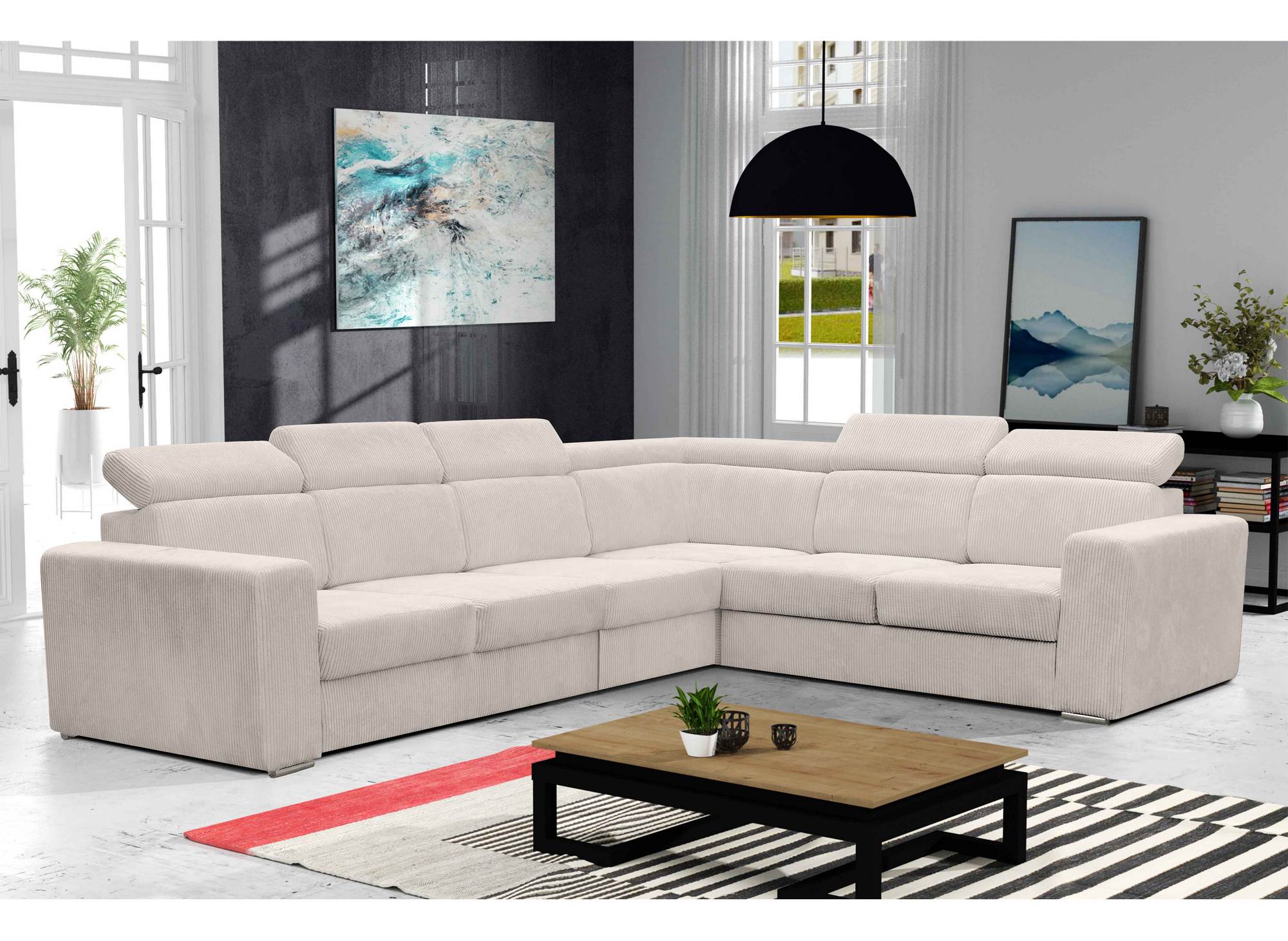 Canapé d'angle convertible et réversible en velours côtelé beige MERYL XL