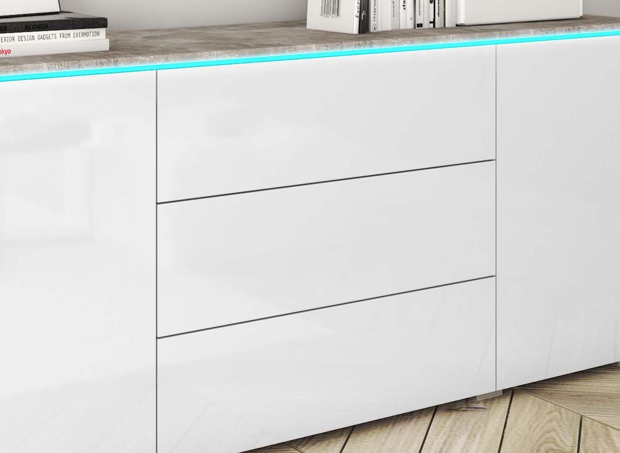 Buffet commode 2 portes 3 tiroirs blanc et béton avec LED - ALEXIA