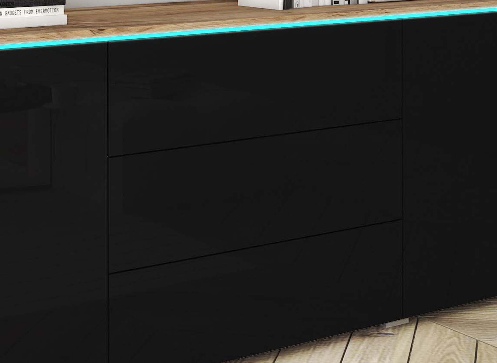 Buffet commode 2 portes 3 tiroirs chêne et noir avec LED - ALEXIA