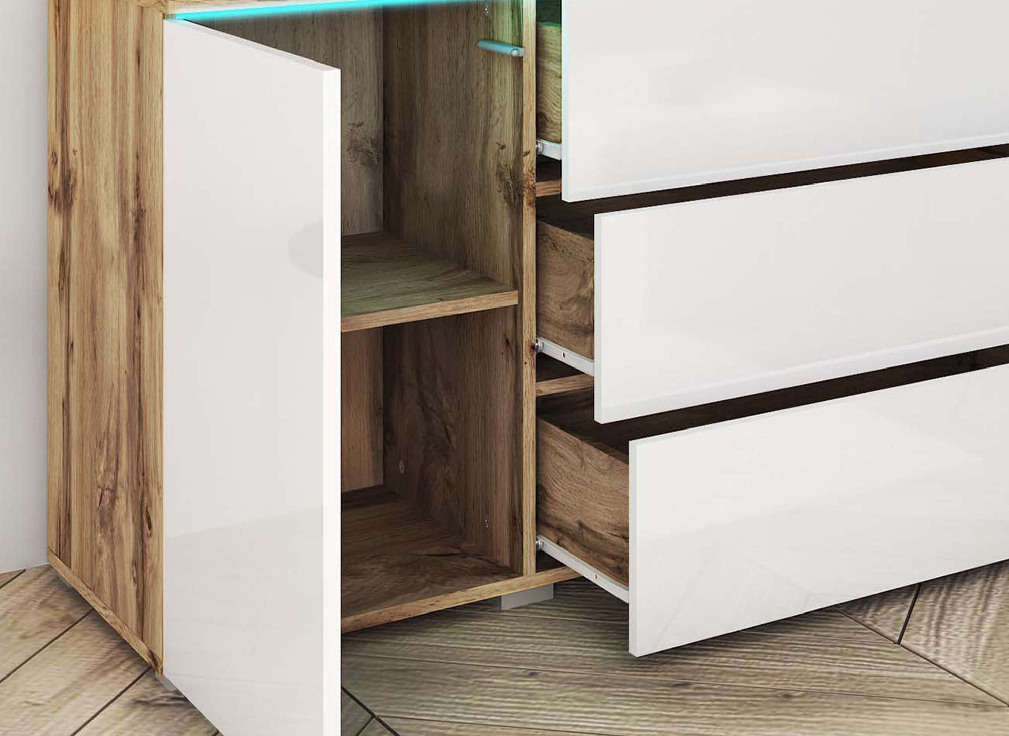 Buffet commode 2 portes 3 tiroirs chêne et blanc avec LED - ALEXIA
