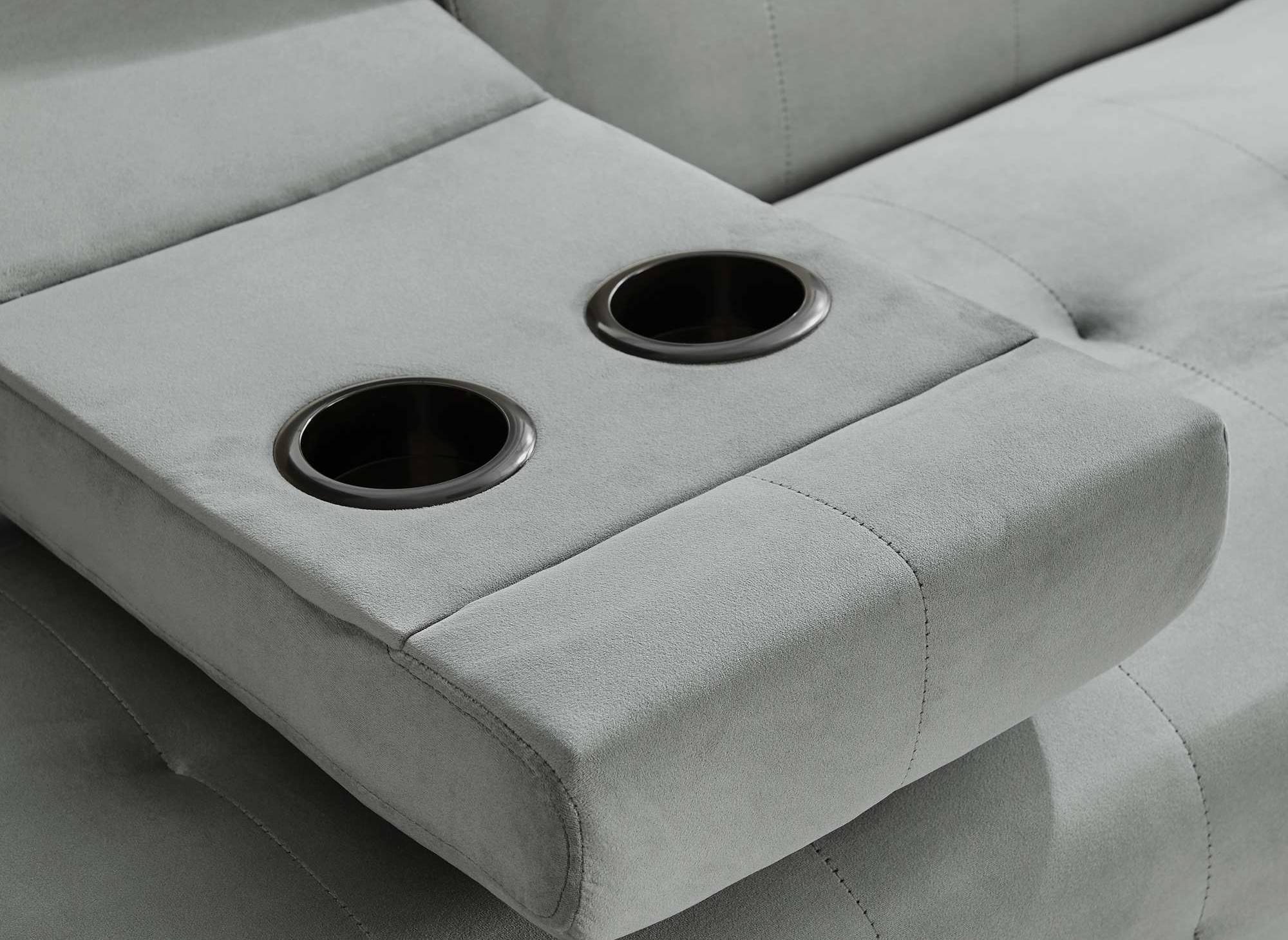Canapé clic clac en velours gris clair avec tablette centrale porte-gobelet LIMA