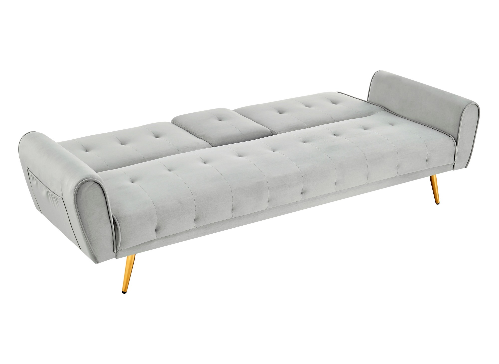 Canapé clic clac en velours gris clair avec tablette centrale porte-gobelet LIMA