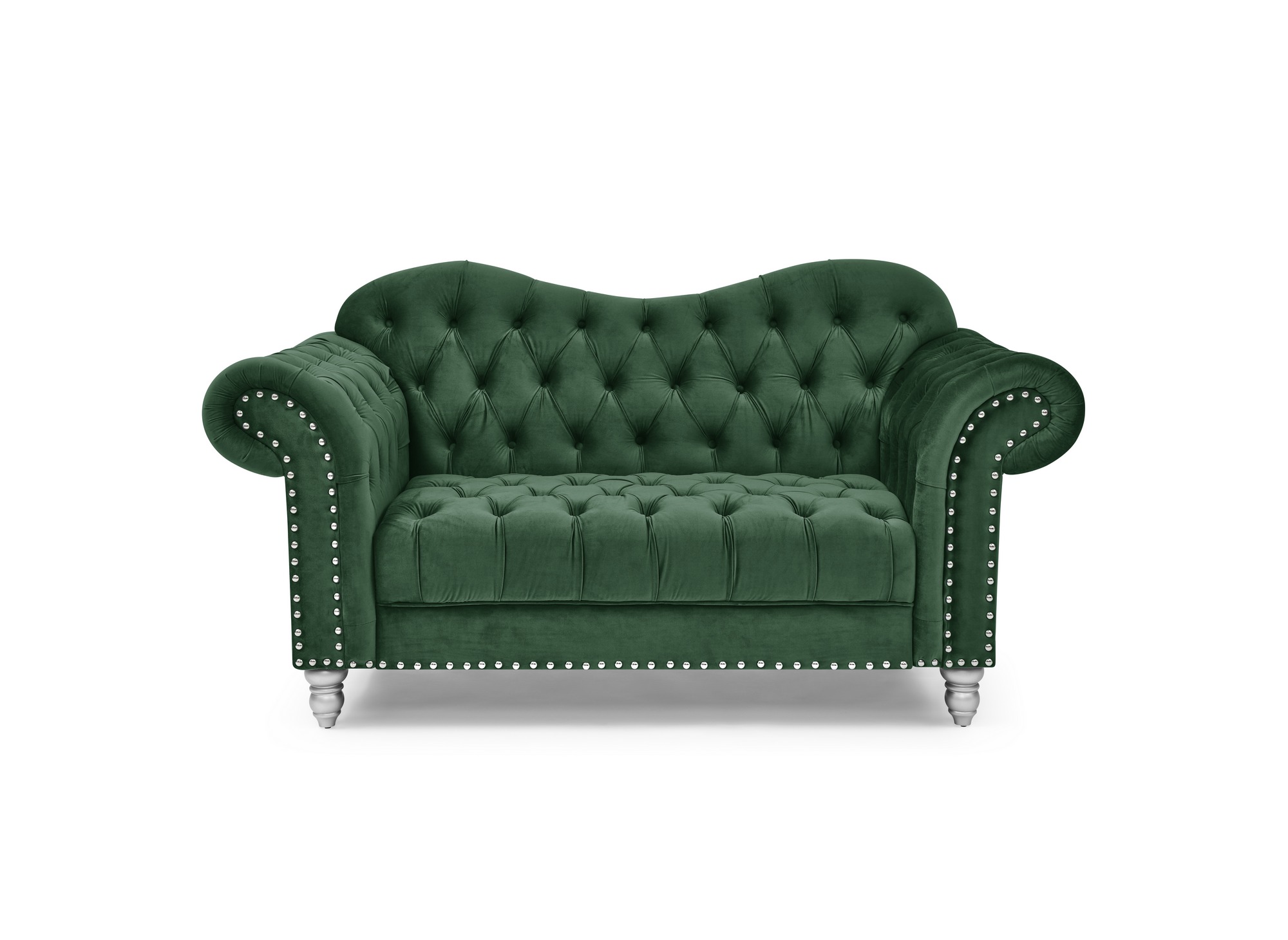Canapé 2 places chesterfield courbé en velours vert et pieds en métal argenté - RACHEL
