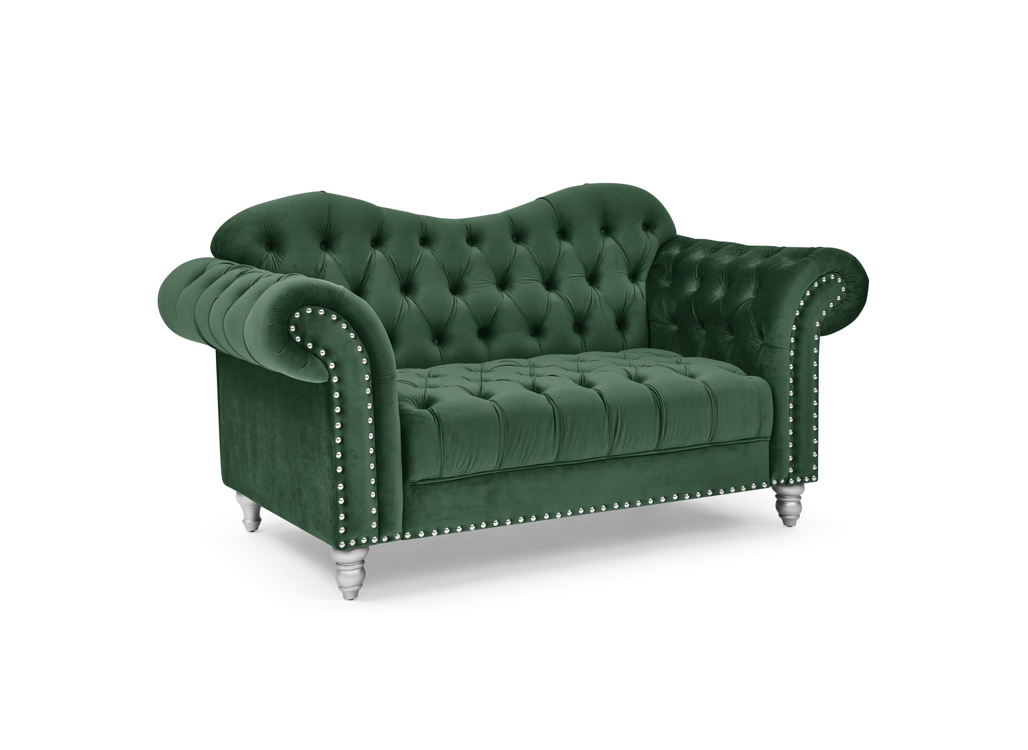 Canapé 2 places chesterfield courbé en velours vert et pieds en métal argenté - RACHEL